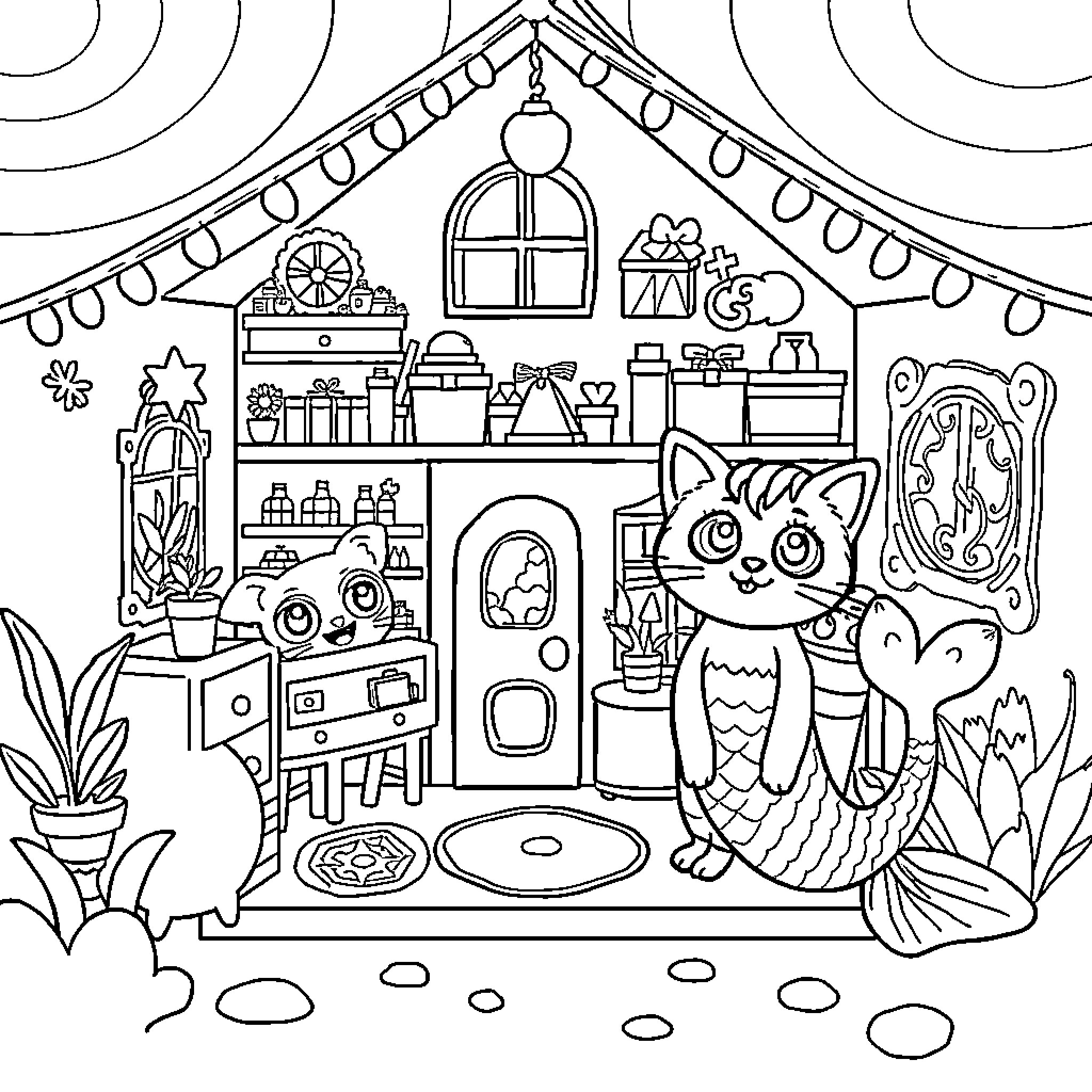 Gabby's Dollhouse: Whimsical Feline Companions in a Cozy Cottage Coloring Page (free black-and-white line drawing printable PDF for all, from beginners to advanced learners, including children, teens, adults, and seniors)