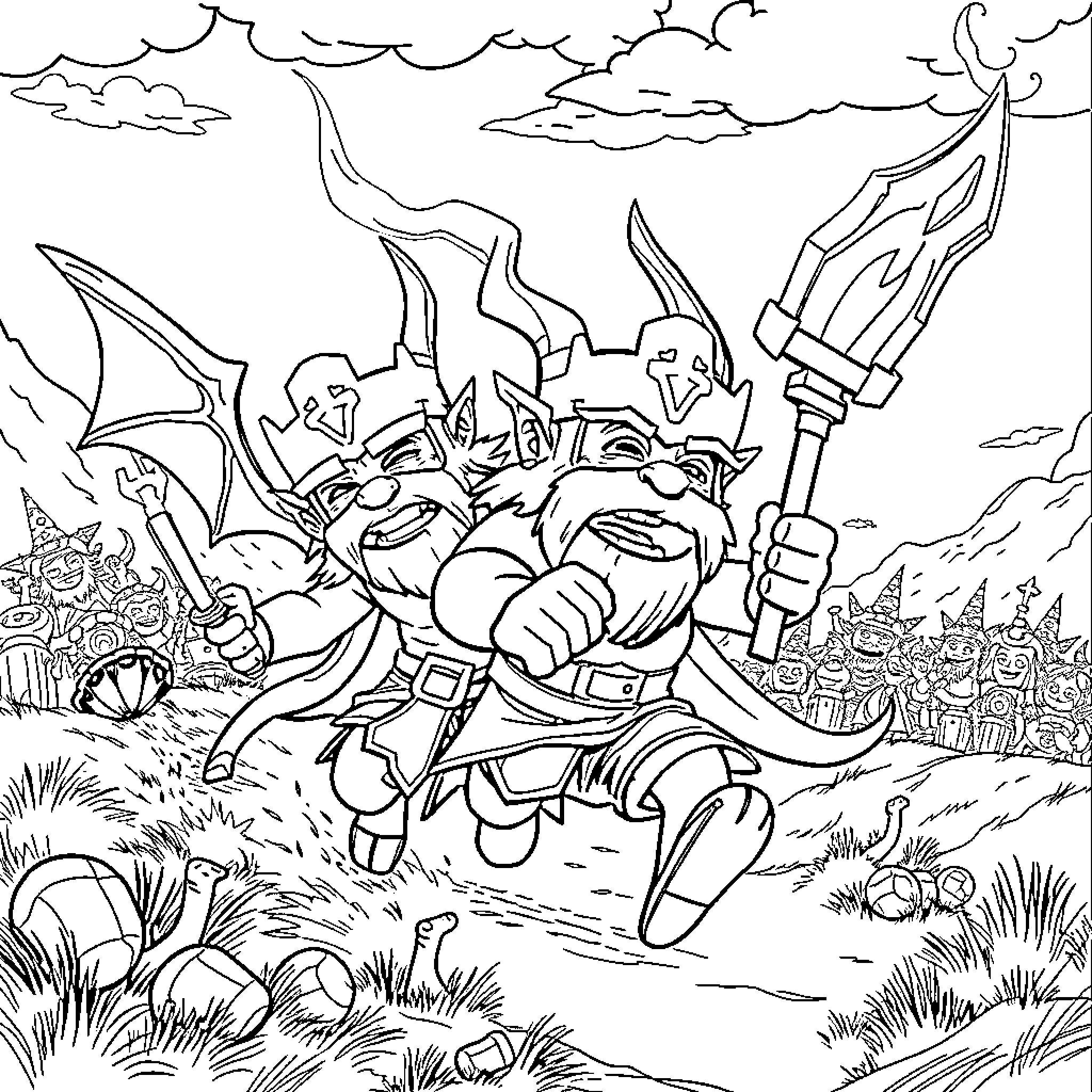 Duende Warriors Charging into Battle Coloring Page (free black-and-white line drawing printable PDF for all, from beginners to advanced learners, including children, teens, adults, and seniors)