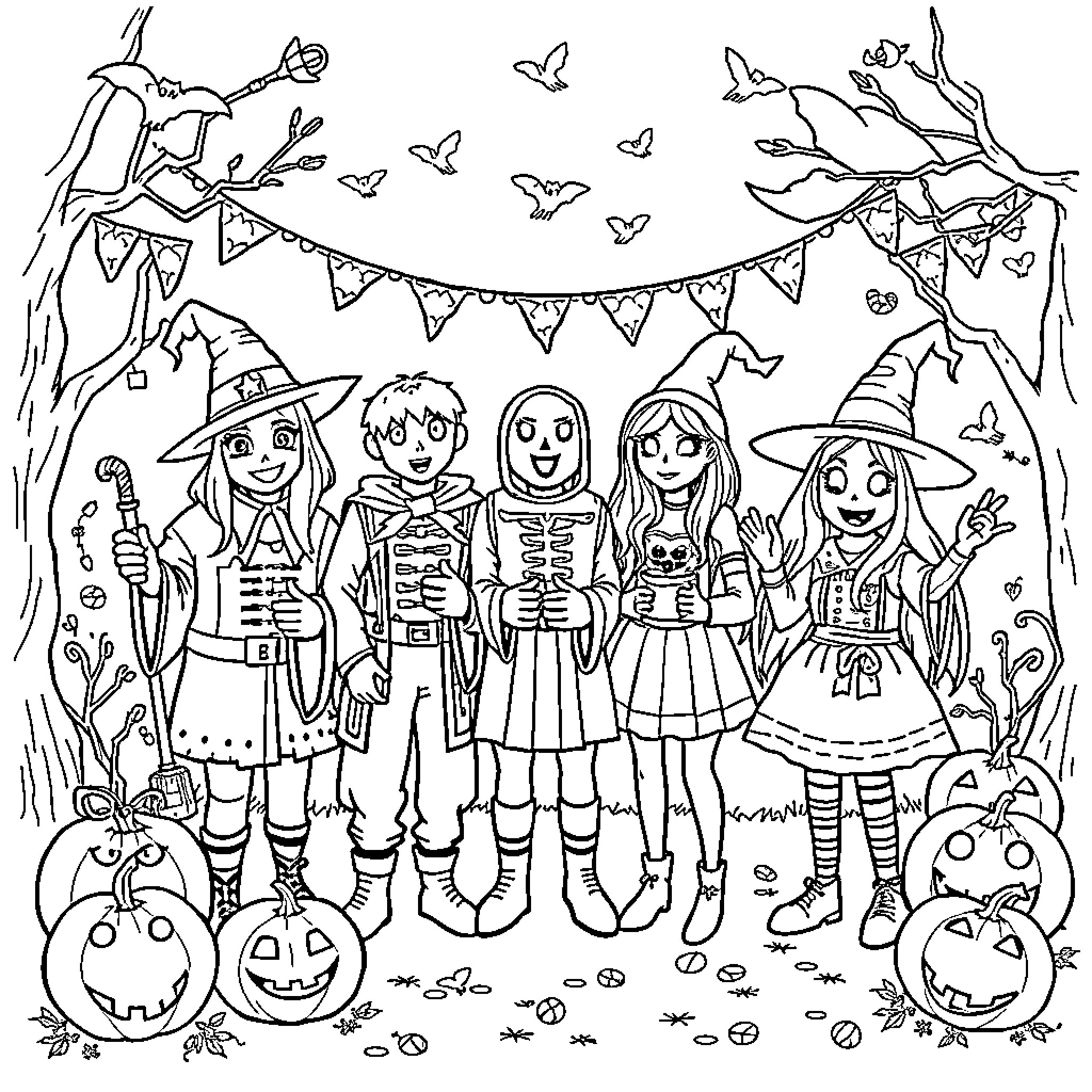 Halloween costumes and decorations among friends Coloring Page (free black-and-white line drawing printable PDF for all, from beginners to advanced learners, including children, teens, adults, and seniors)