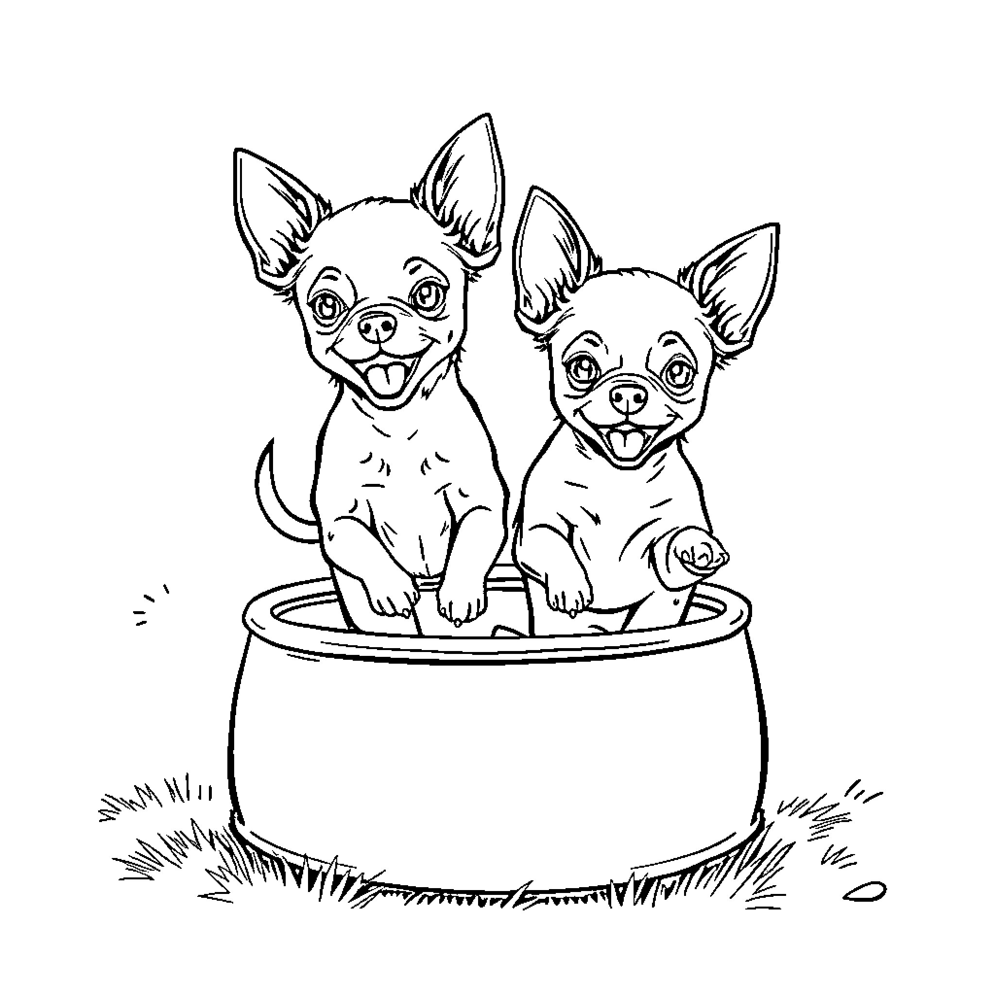 Chihuahuas playing happily in a pot Coloring Page (free black-and-white line drawing printable PDF for all, from beginners to advanced learners, including children, teens, adults, and seniors)