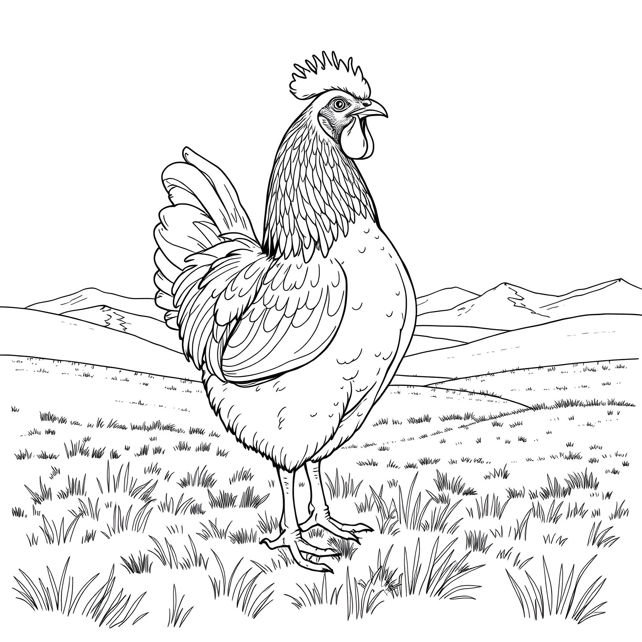 Hen strutting proudly in the countryside Coloring Page (free black-and-white line drawing printable PDF for all, from beginners to advanced learners, including children, teens, adults, and seniors)