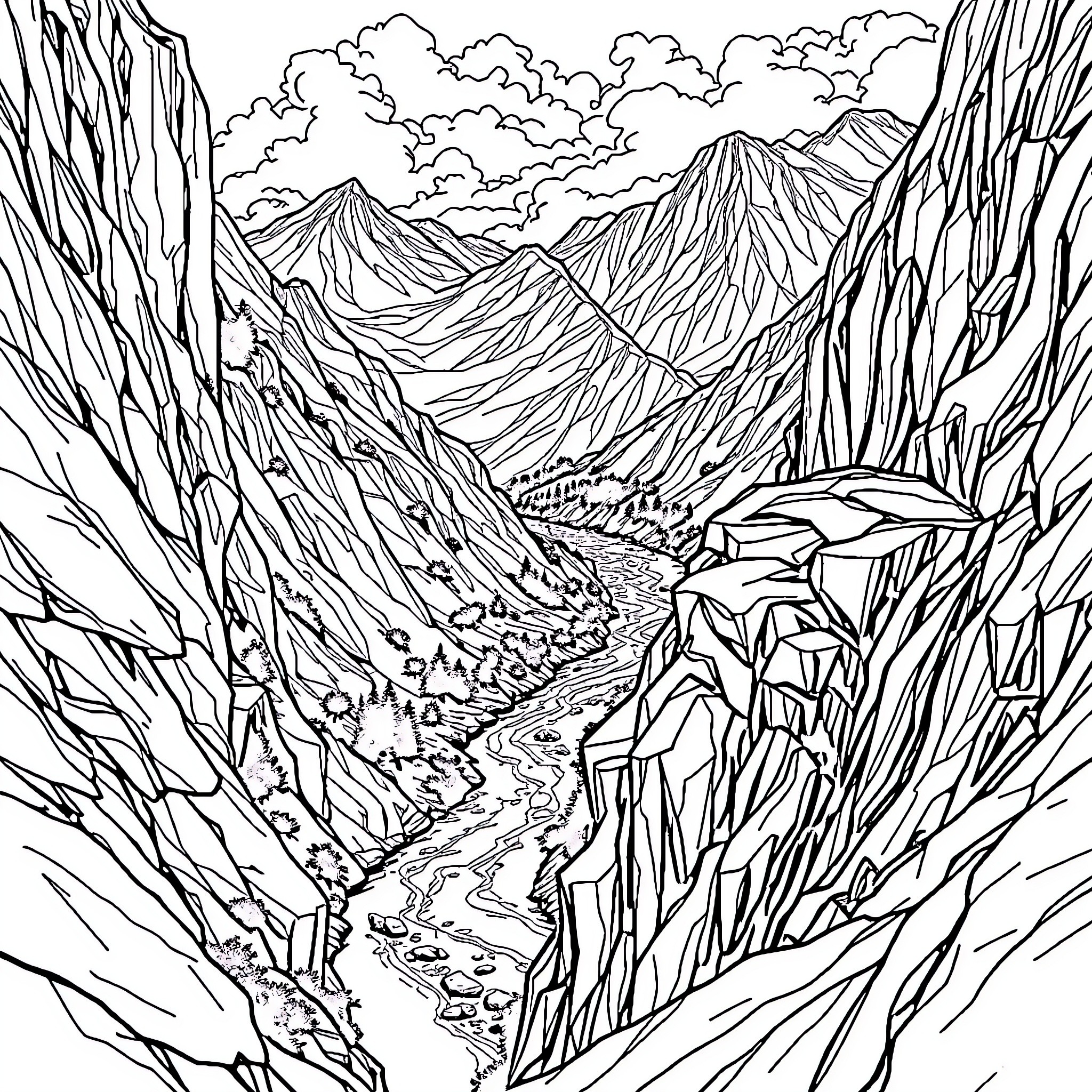 Man exploring rugged mountain landscape Coloring Page (free black-and-white line drawing printable PDF for all, from beginners to advanced learners, including children, teens, adults, and seniors)