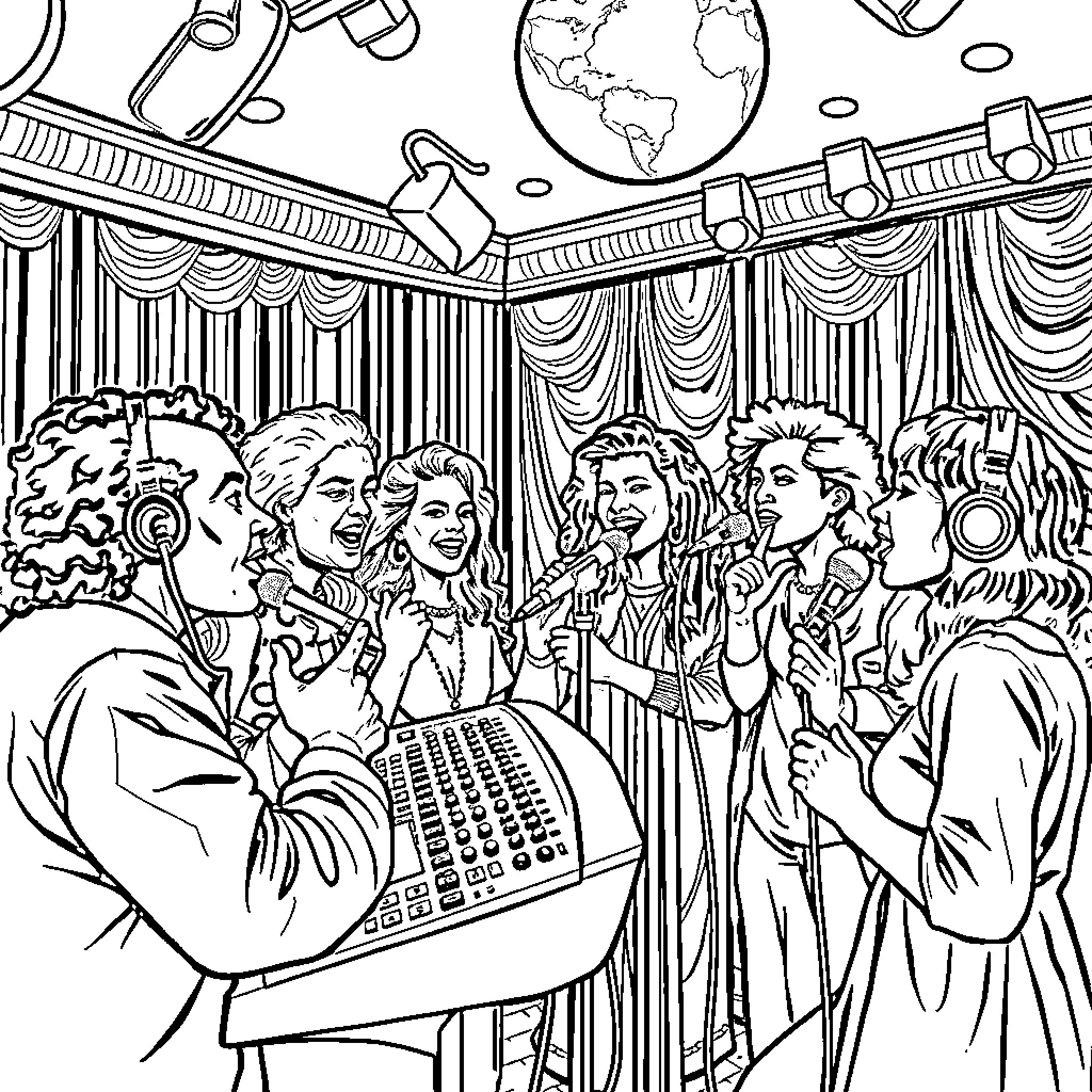 World Performers on Stage with Global Backdrop Coloring Page (free black-and-white line drawing printable PDF for all, from beginners to advanced learners, including children, teens, adults, and seniors)