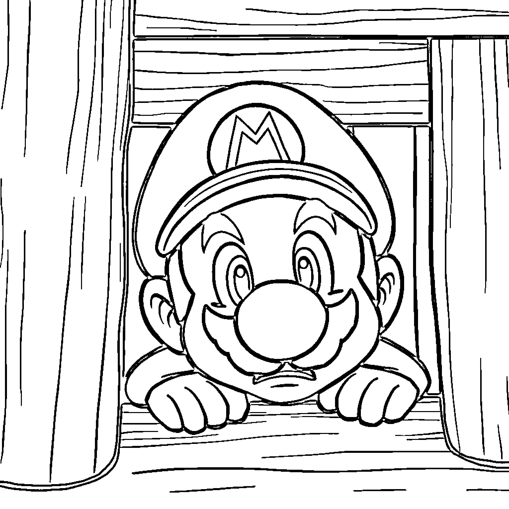 Mario peeking through curtains playfully Coloring Page (free black-and-white line drawing printable PDF for all, from beginners to advanced learners, including children, teens, adults, and seniors)