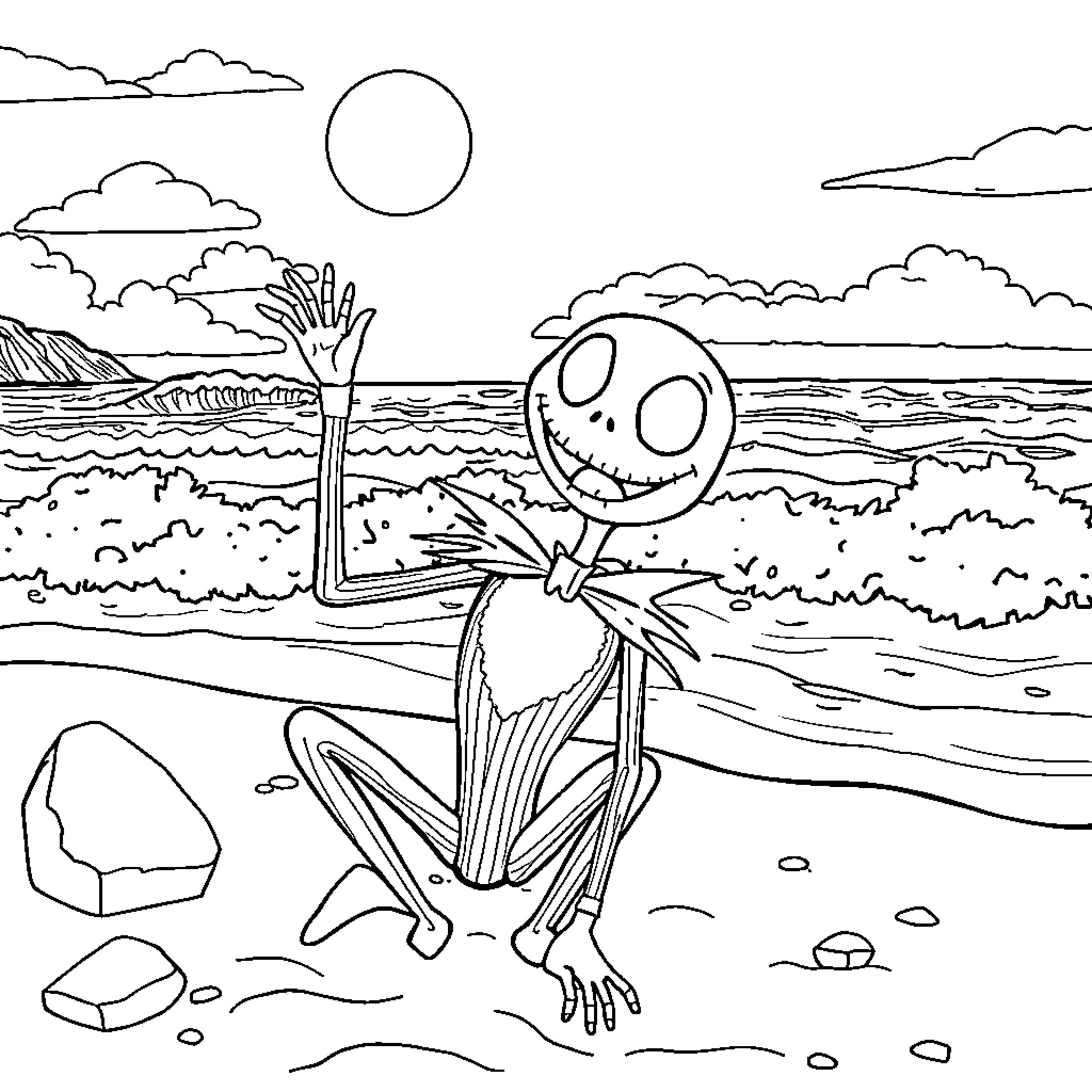 Jack Skellington relaxing on a beach at sunset Coloring Page (free black-and-white line drawing printable PDF for all, from beginners to advanced learners, including children, teens, adults, and seniors)