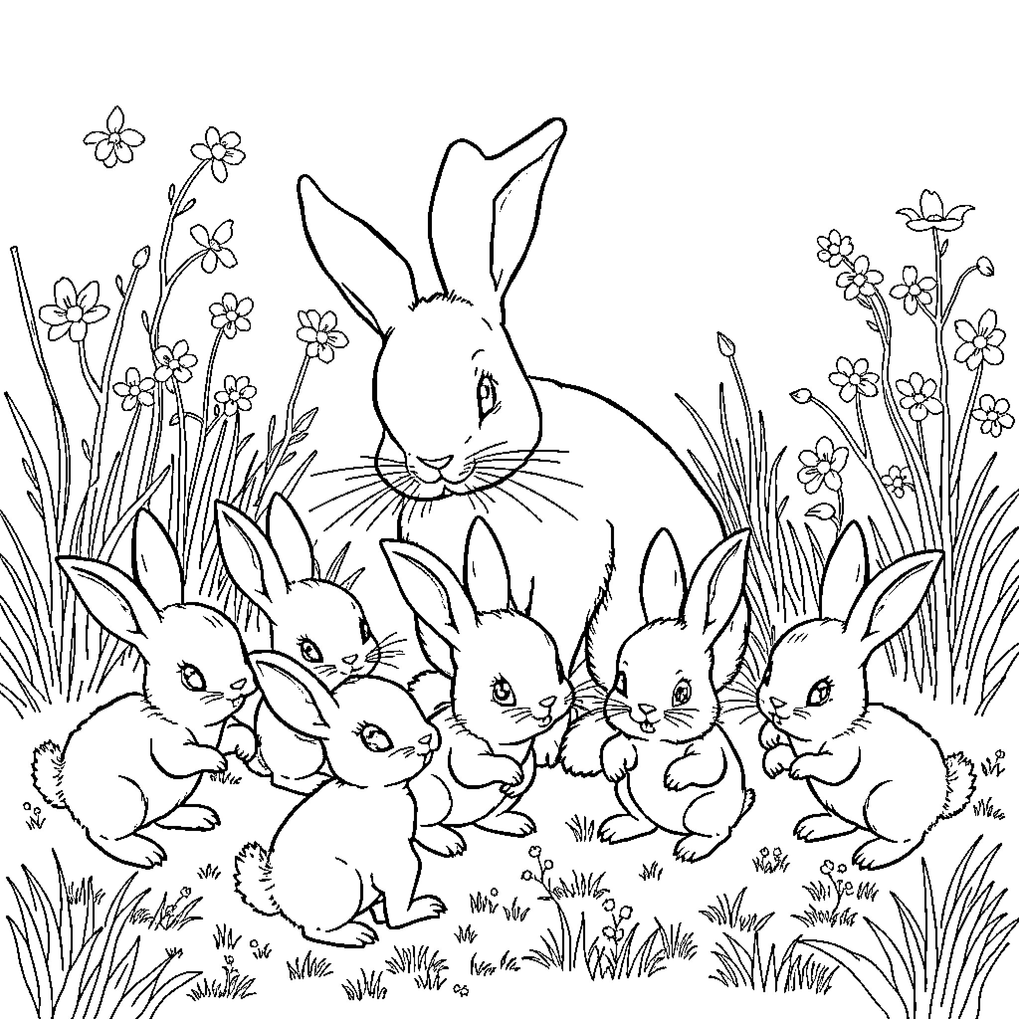 Rabbit family frolicking in flower-filled meadow Coloring Page (free black-and-white line drawing printable PDF for all, from beginners to advanced learners, including children, teens, adults, and seniors)