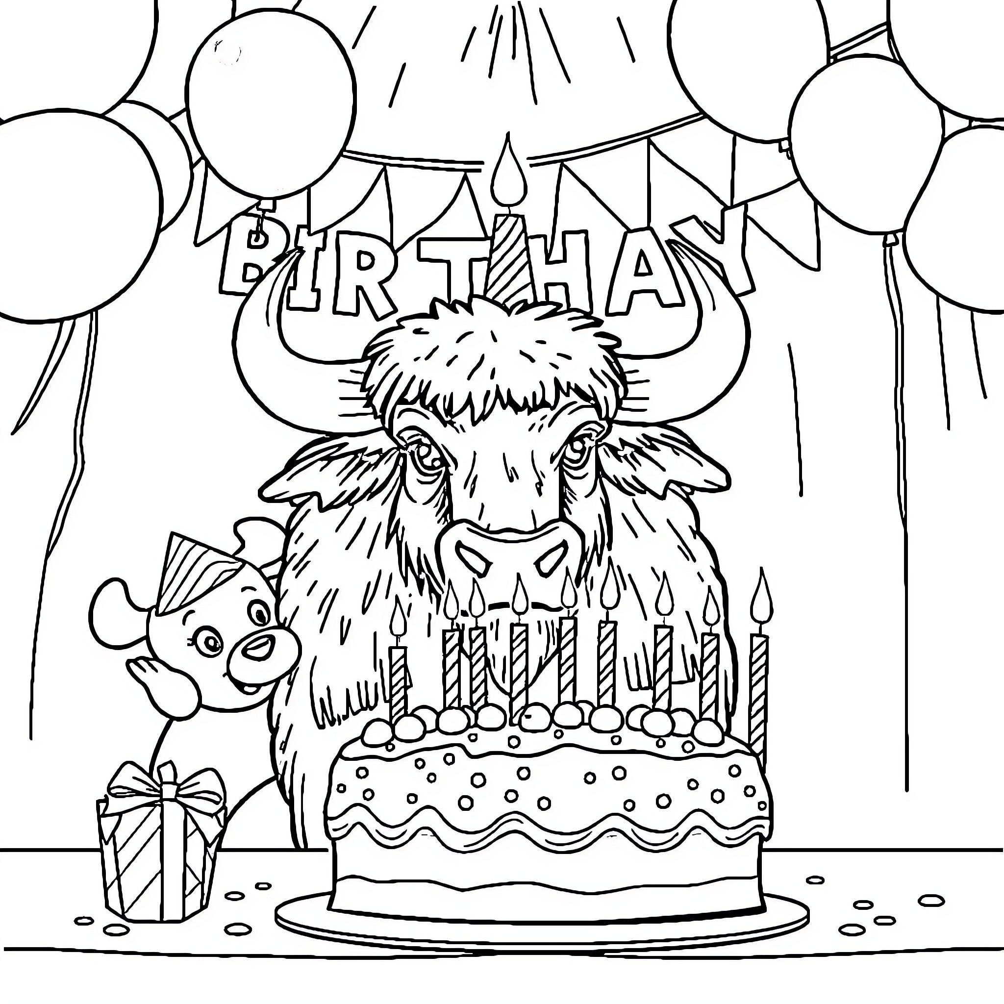 Buffalo Birthday Party with Cake and Balloons Coloring Page (free black-and-white line drawing printable PDF for all, from beginners to advanced learners, including children, teens, adults, and seniors)