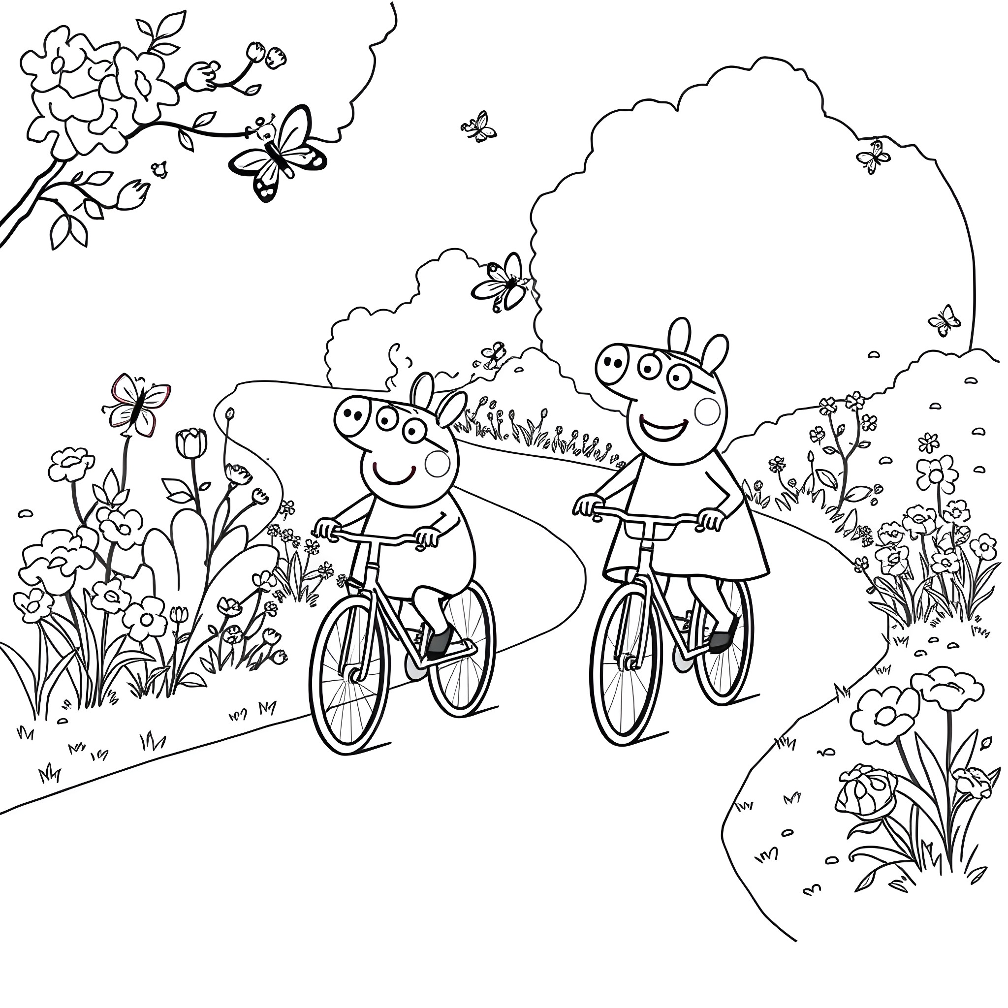Peppa and George's Bicycle Adventure in the Park Coloring Page (free black-and-white line drawing printable PDF for all, from beginners to advanced learners, including children, teens, adults, and seniors)