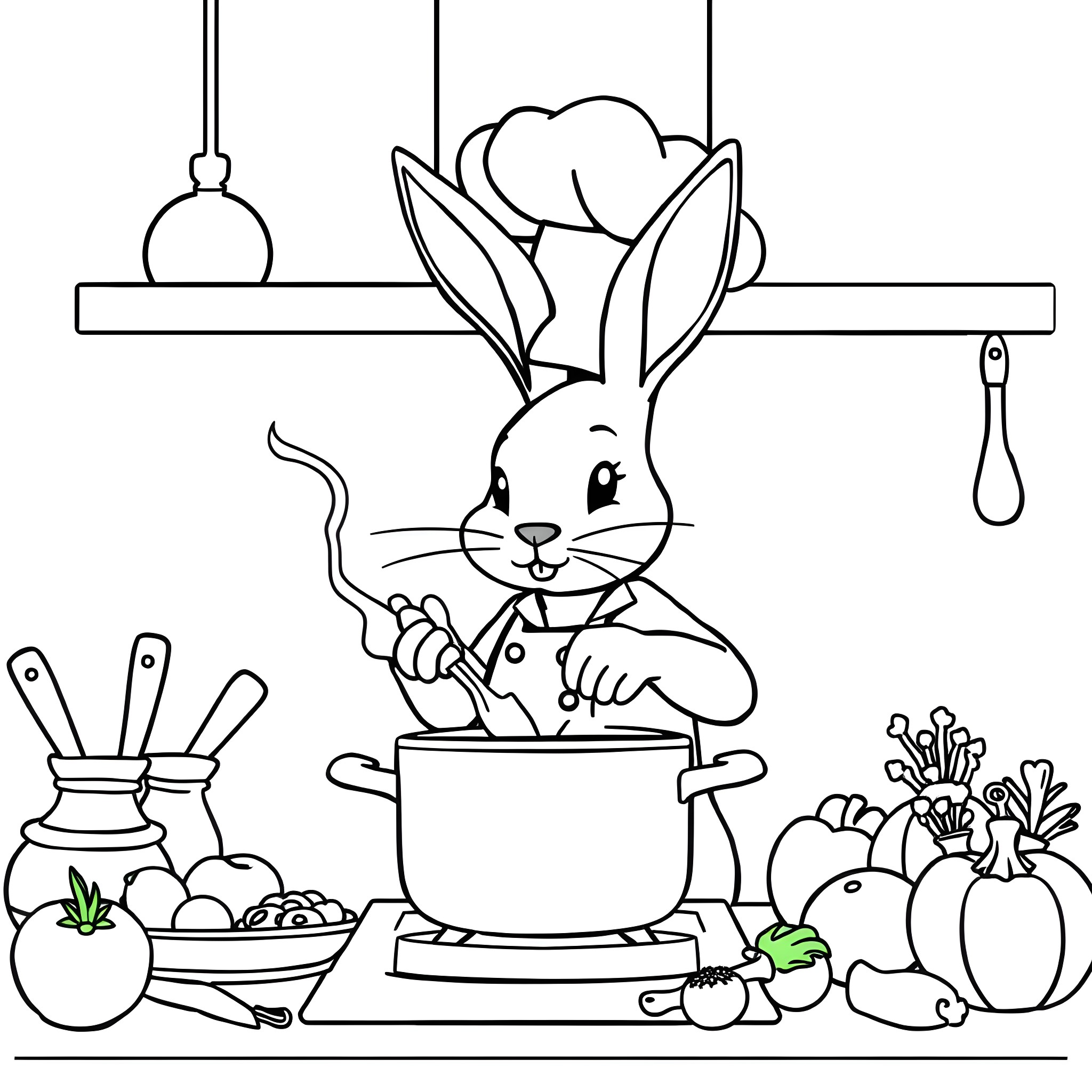 Bunny chef cooking in the kitchen Coloring Page (free black-and-white line drawing printable PDF for all, from beginners to advanced learners, including children, teens, adults, and seniors)