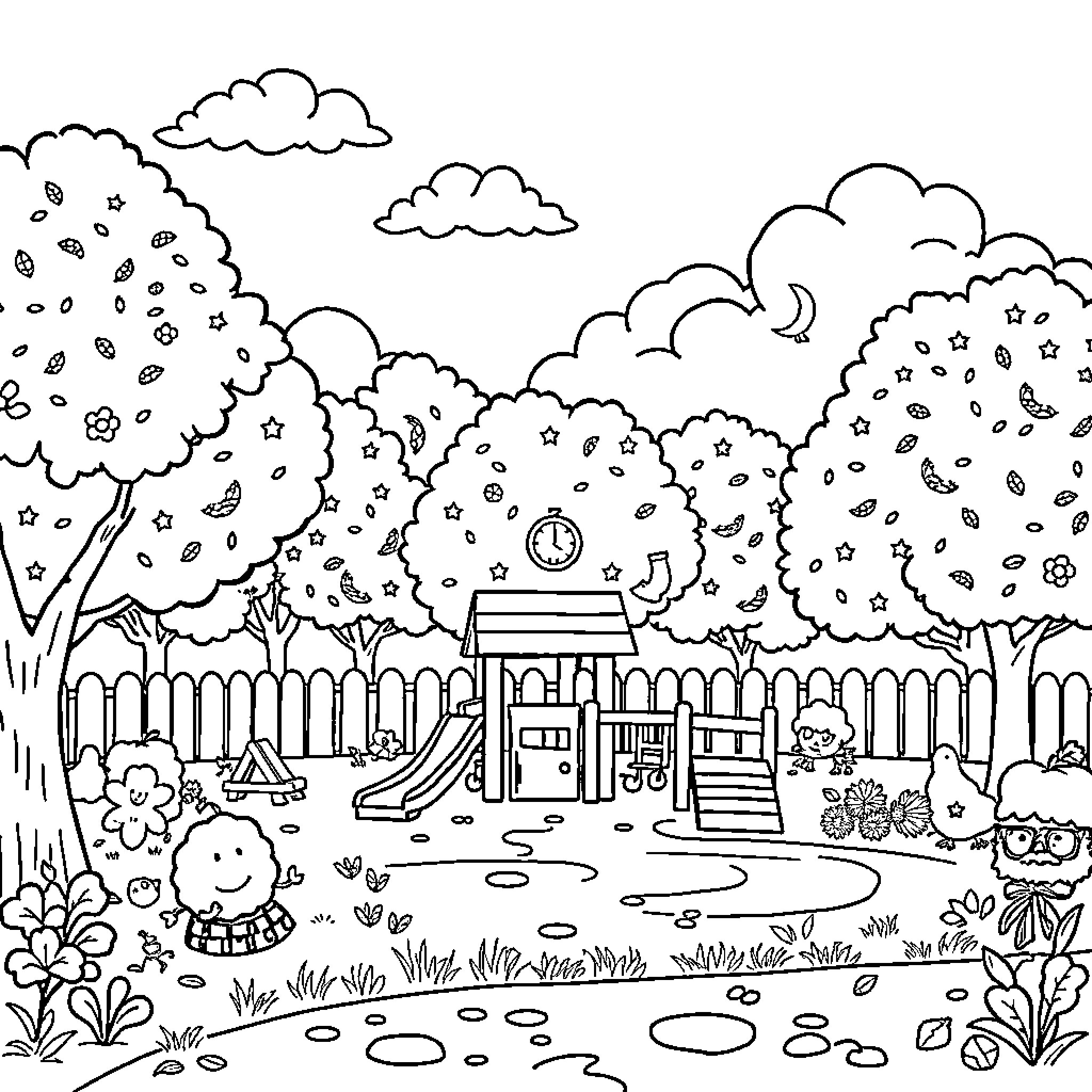 Tree-lined playground with swings and playful elements Coloring Page (free black-and-white line drawing printable PDF for all, from beginners to advanced learners, including children, teens, adults, and seniors)