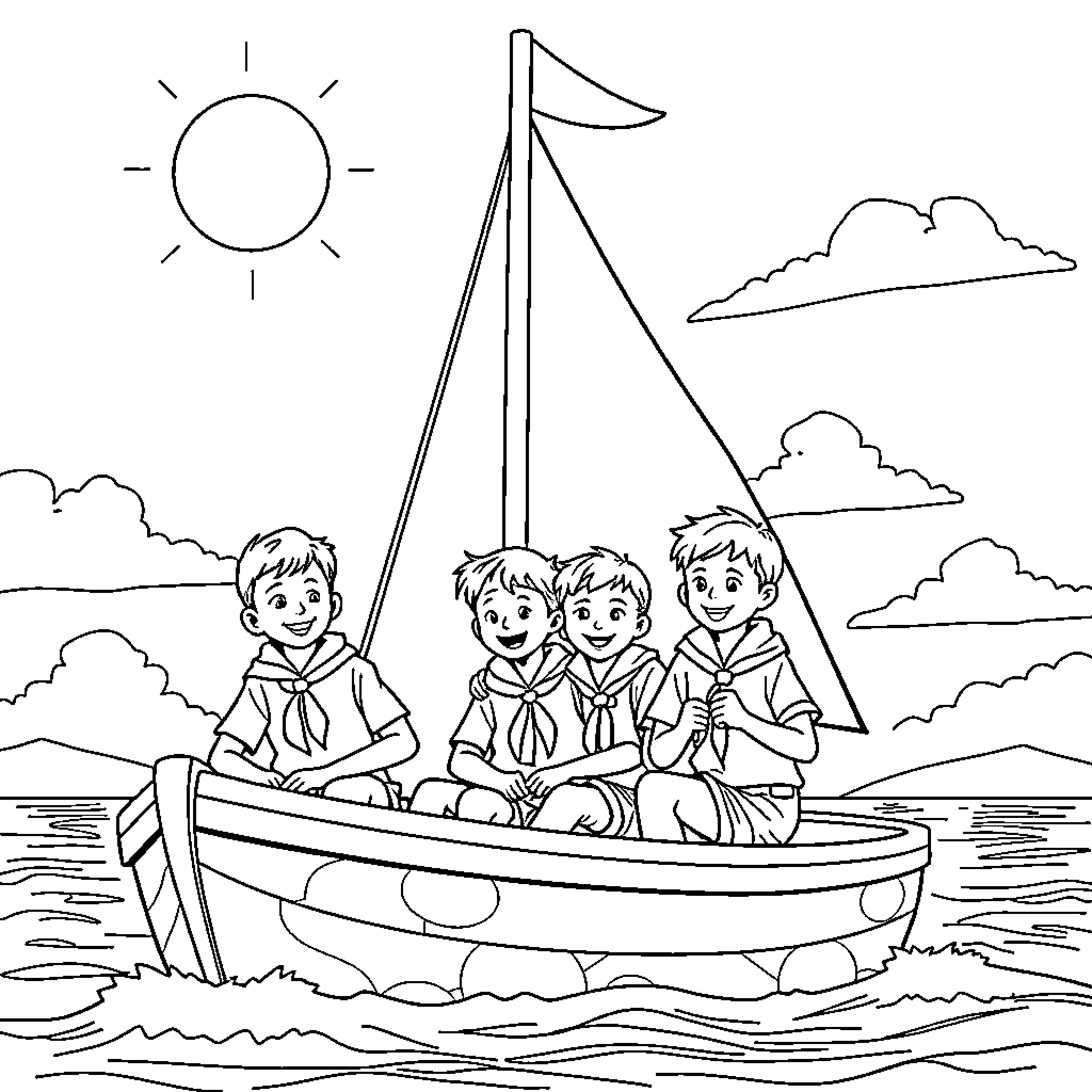 Cub Scouts sailing a boat in the ocean Coloring Page (free black-and-white line drawing printable PDF for all, from beginners to advanced learners, including children, teens, adults, and seniors)