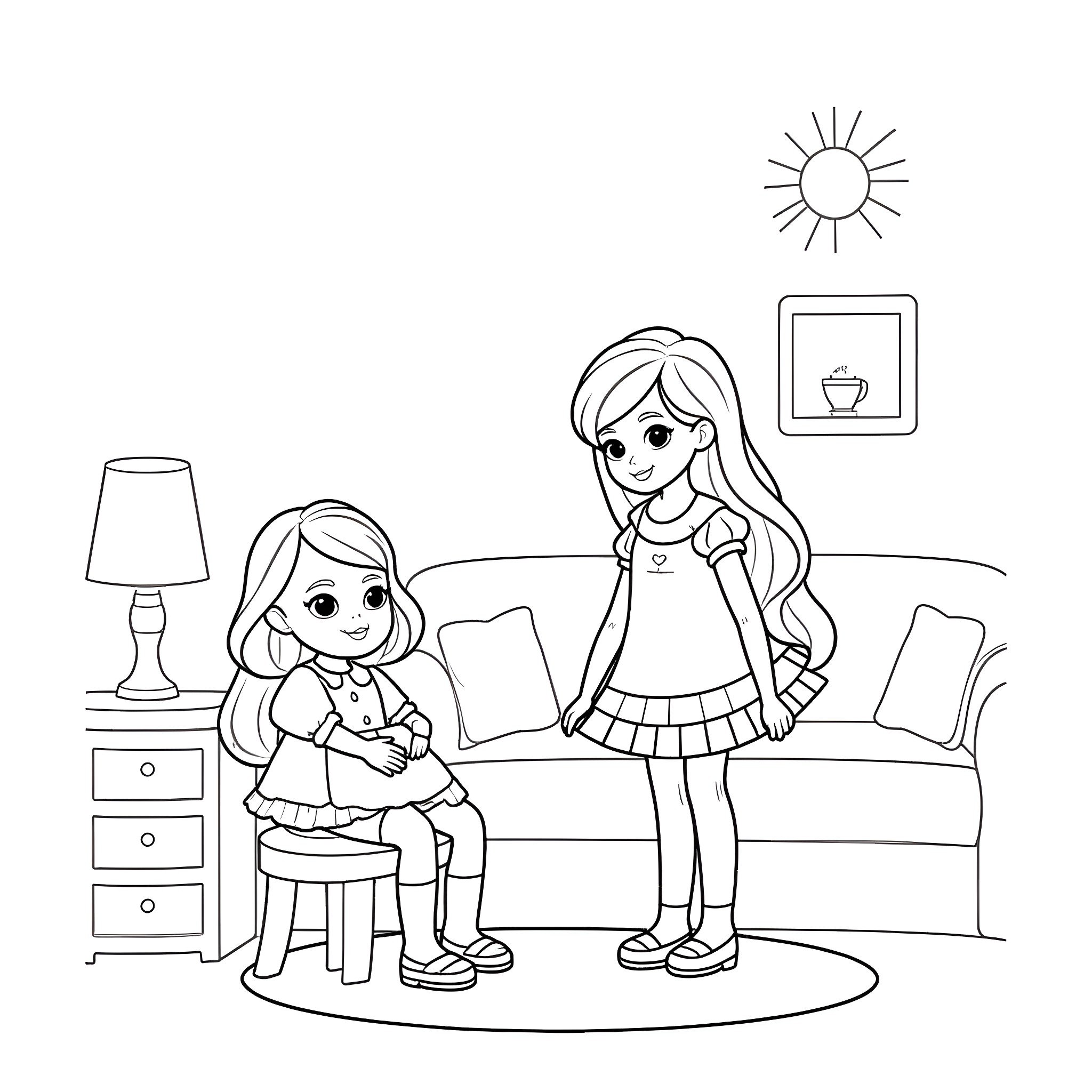 Gabby and her sister playing together in the living room Coloring Page (free black-and-white line drawing printable PDF for all, from beginners to advanced learners, including children, teens, adults, and seniors)