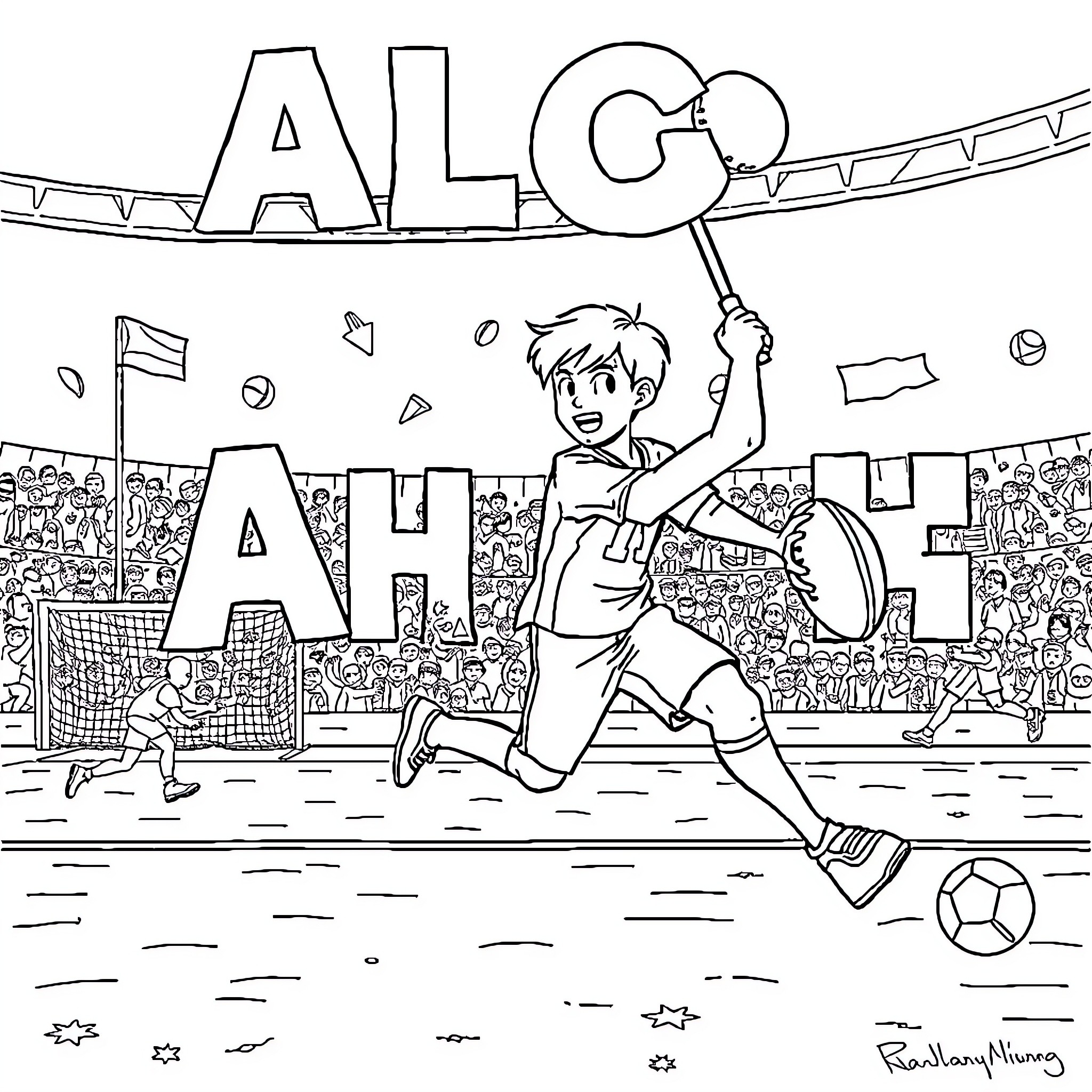 Alphabet game with a boy playing soccer Coloring Page (free black-and-white line drawing printable PDF for all, from beginners to advanced learners, including children, teens, adults, and seniors)