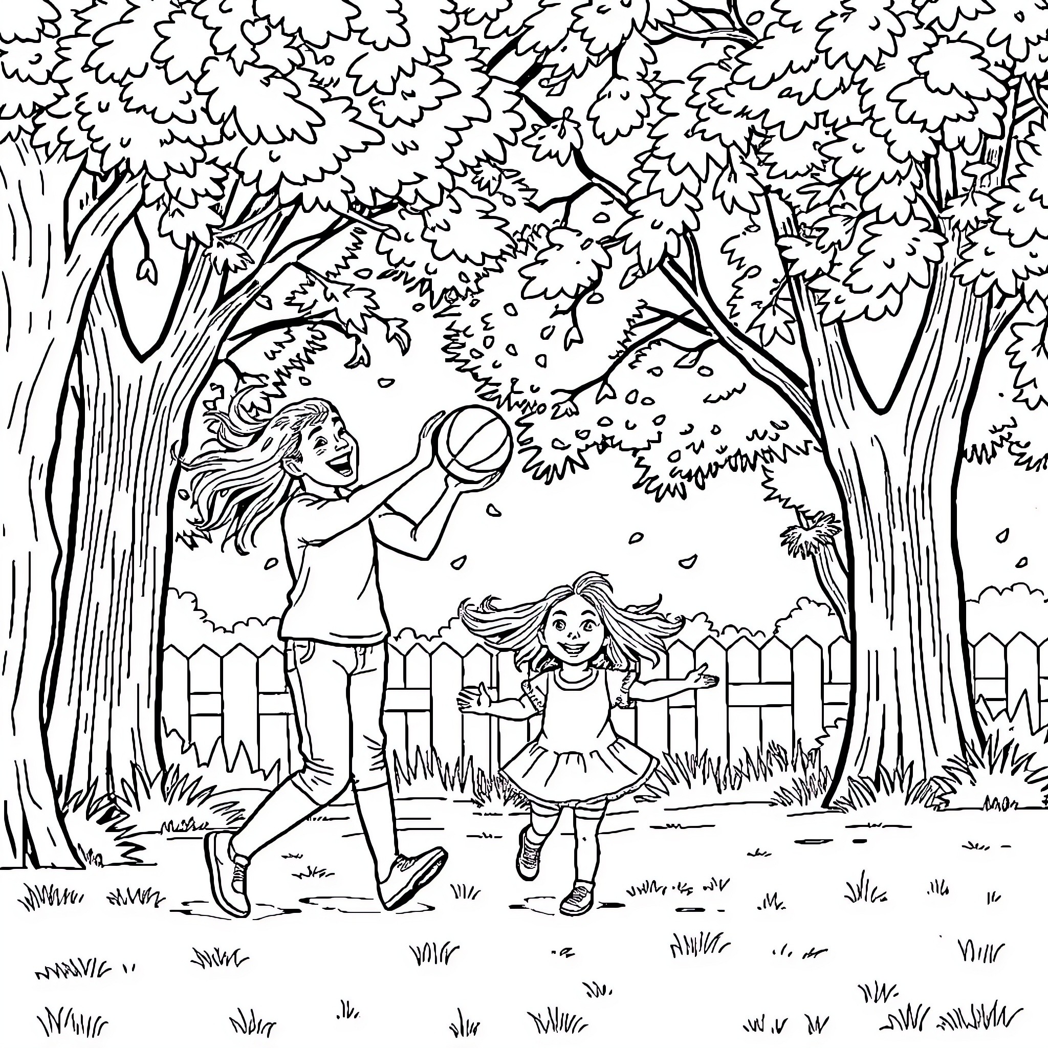 Father and daughter playing outdoors in nature Coloring Page (free black-and-white line drawing printable PDF for all, from beginners to advanced learners, including children, teens, adults, and seniors)