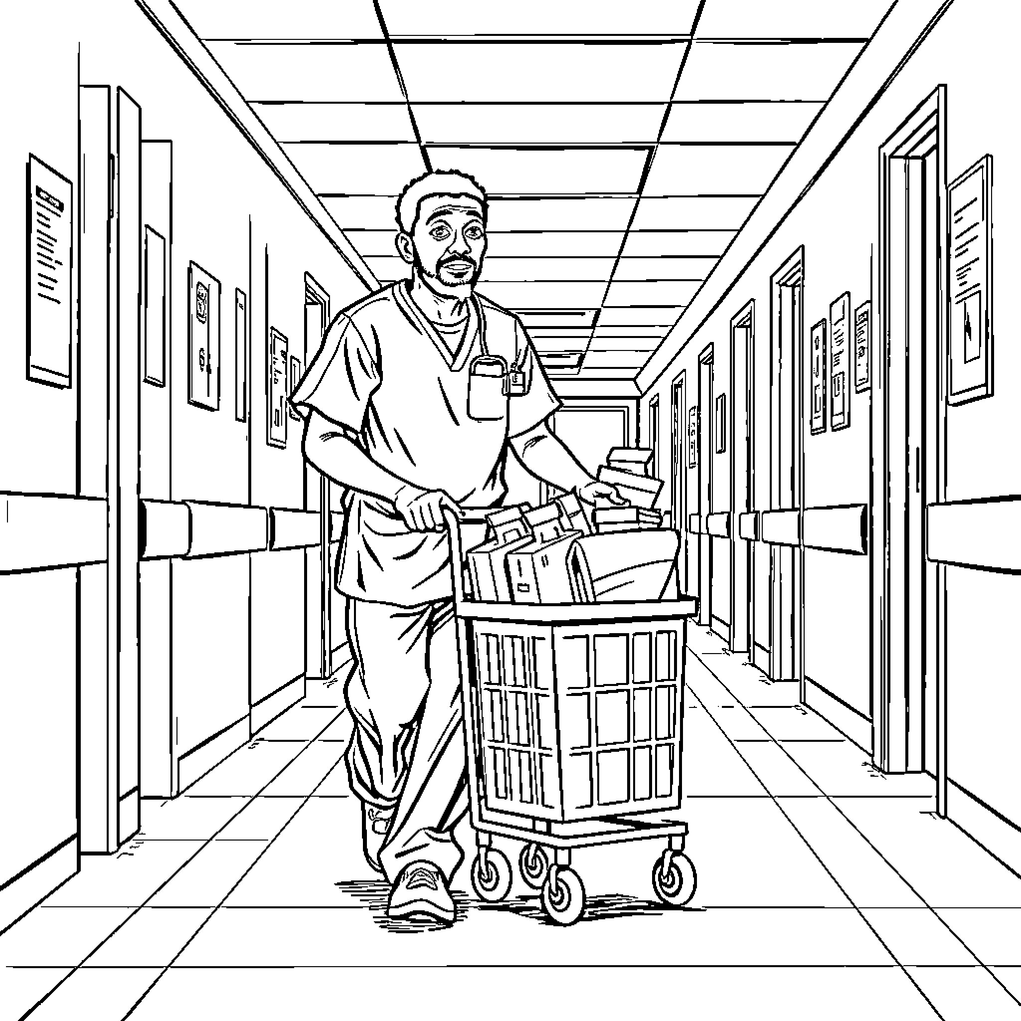 Man transporting medical supplies in hospital hallway Coloring Page (free black-and-white line drawing printable PDF for all, from beginners to advanced learners, including children, teens, adults, and seniors)