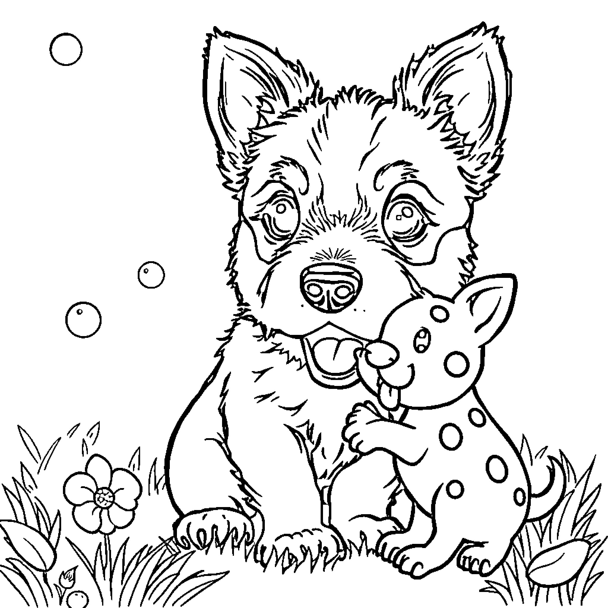 Puppy playing joyfully with friend in the garden Coloring Page (free black-and-white line drawing printable PDF for all, from beginners to advanced learners, including children, teens, adults, and seniors)