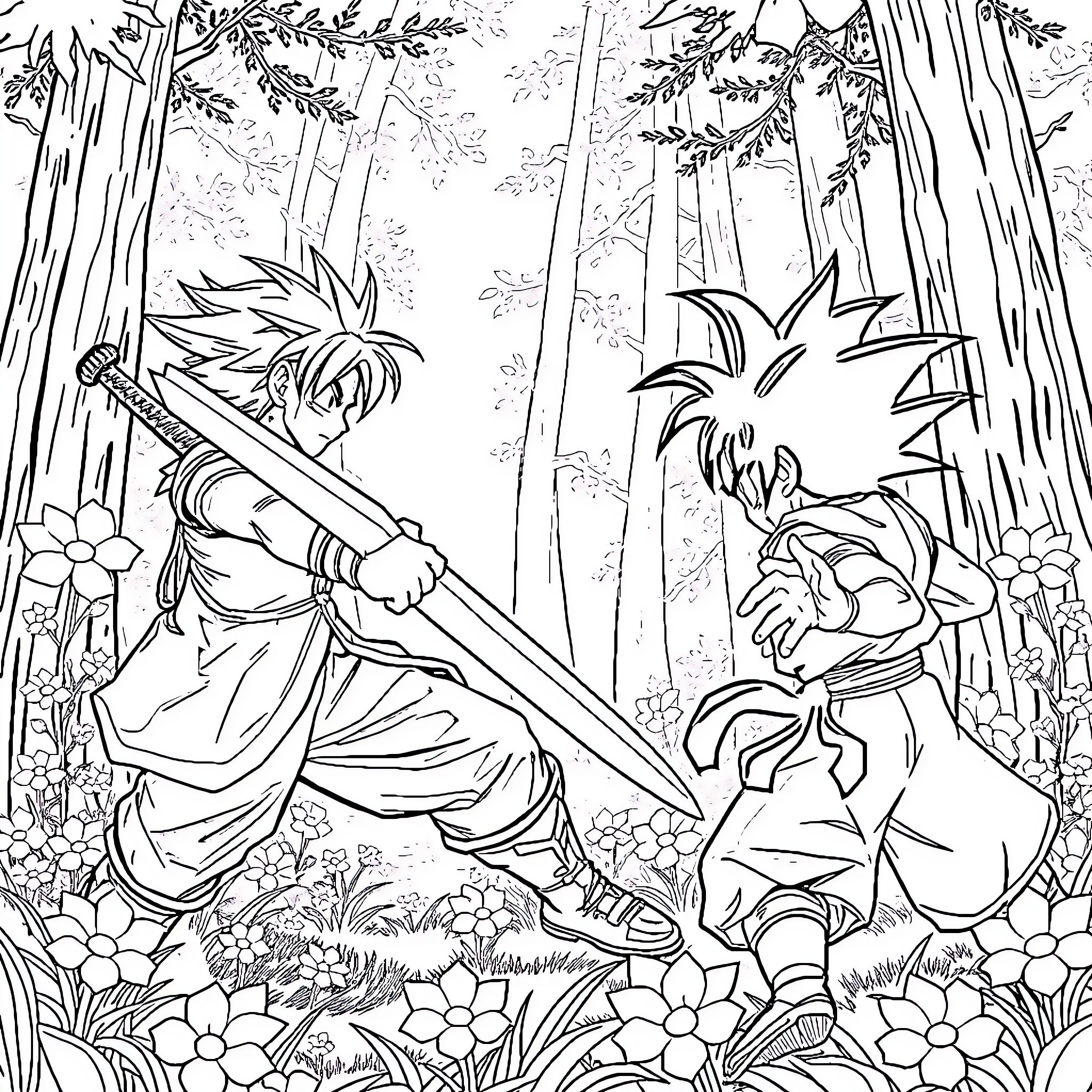 Cloud Forest Fighters Clash in the Wild Coloring Page (free black-and-white line drawing printable PDF for all, from beginners to advanced learners, including children, teens, adults, and seniors)