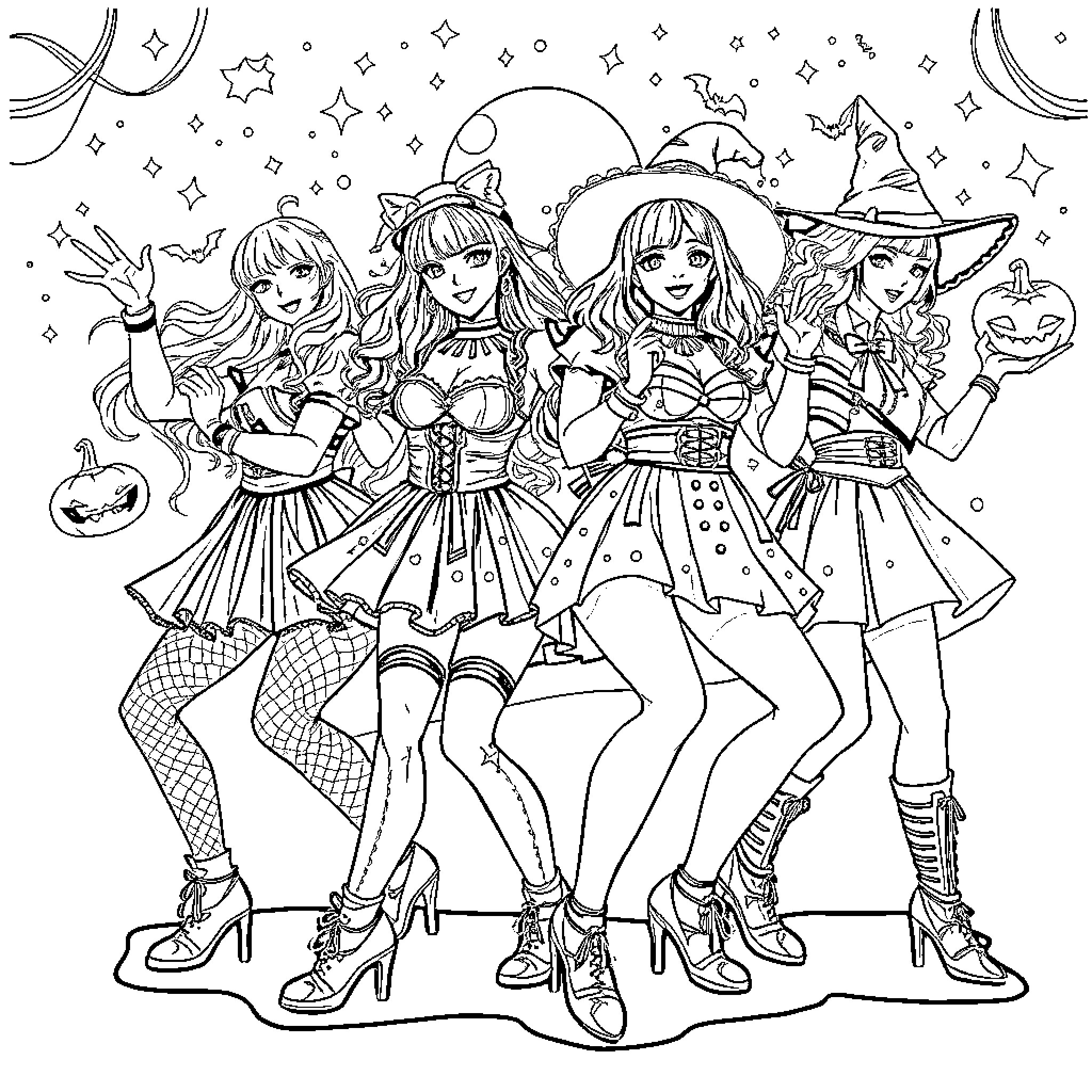 K Pop Warrior Girls Celebrating Halloween Coloring Page (free black-and-white line drawing printable PDF for all, from beginners to advanced learners, including children, teens, adults, and seniors)