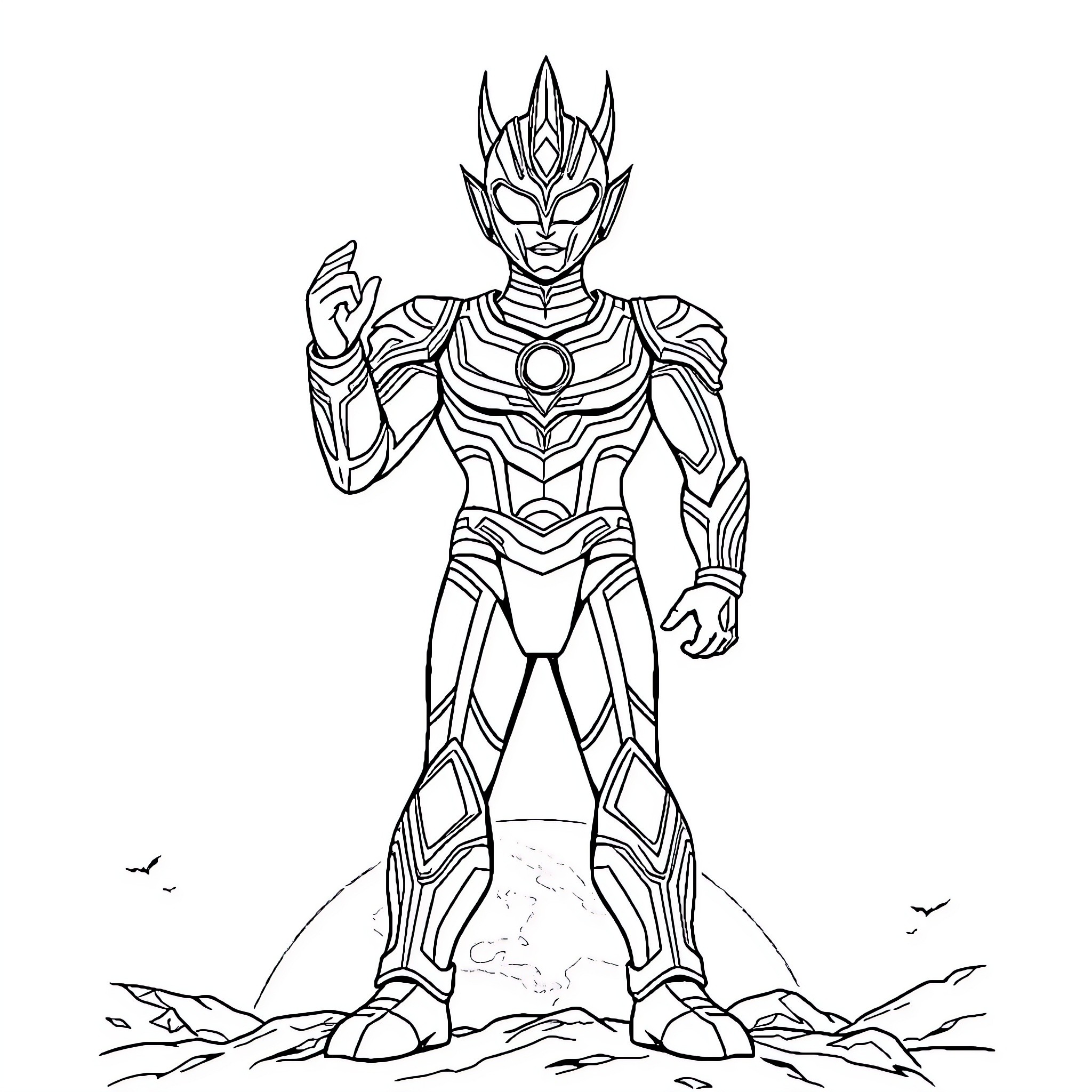 Ultraman Heroic Pose in Armored Outfit Coloring Page (free black-and-white line drawing printable PDF for all, from beginners to advanced learners, including children, teens, adults, and seniors)