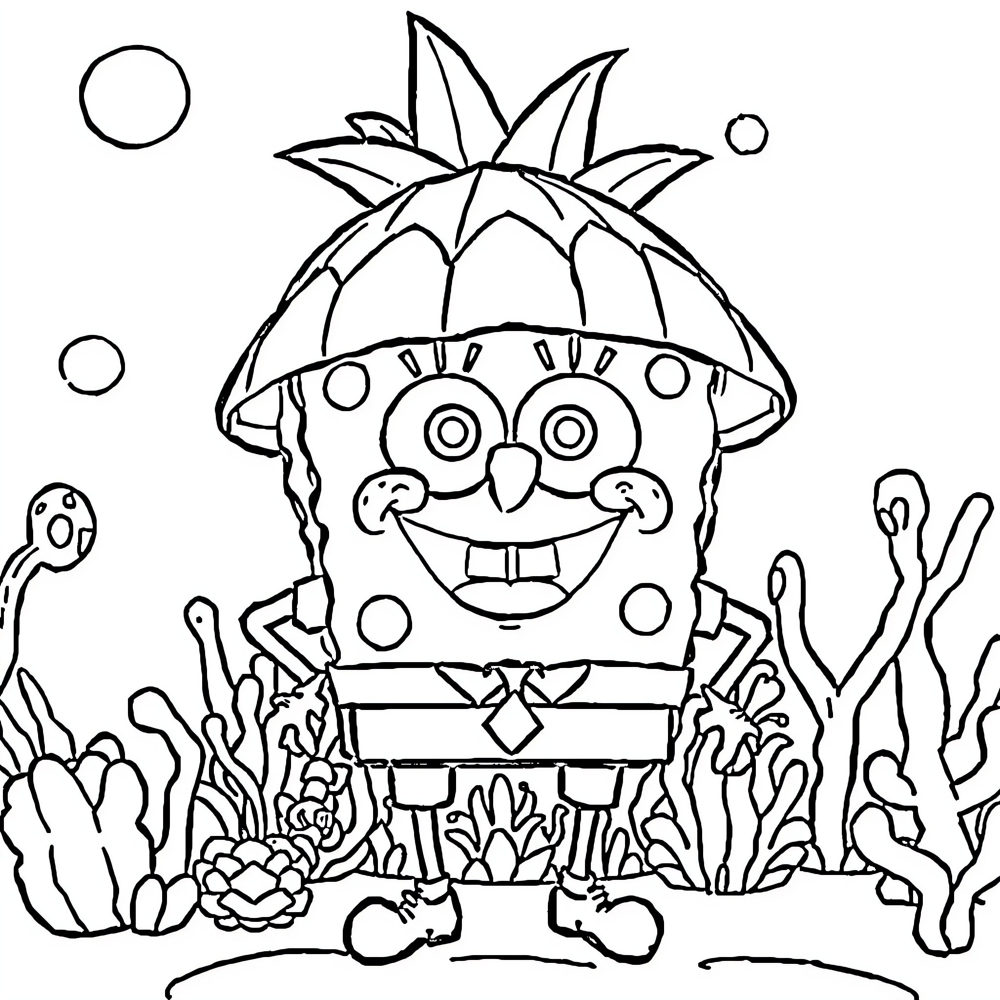Spongebob having fun underwater with marine life Coloring Page (free black-and-white line drawing printable PDF for all, from beginners to advanced learners, including children, teens, adults, and seniors)