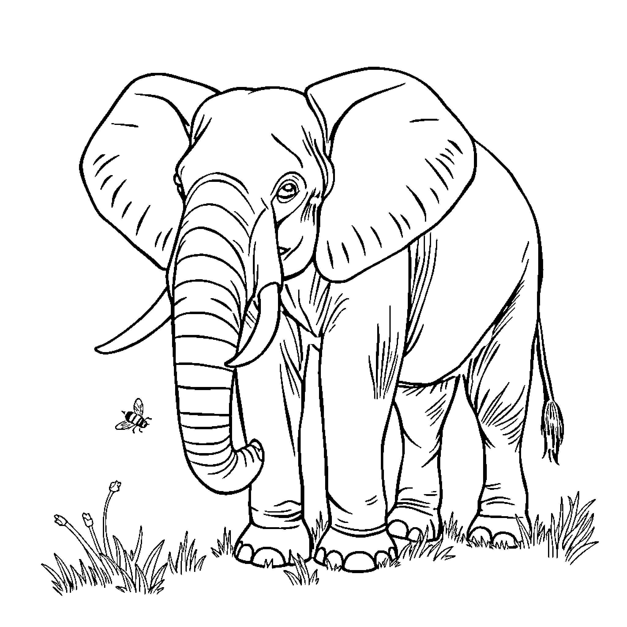 Elephant standing in the grasslands Coloring Page (free black-and-white line drawing printable PDF for all, from beginners to advanced learners, including children, teens, adults, and seniors)