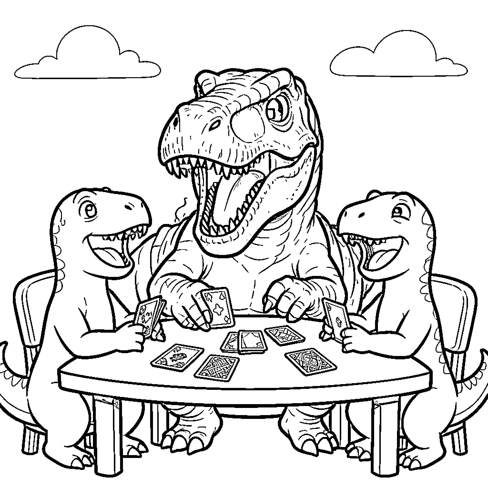 T-Rex playing a card game with friends Coloring Page (free black-and-white line drawing printable PDF for all, from beginners to advanced learners, including children, teens, adults, and seniors)