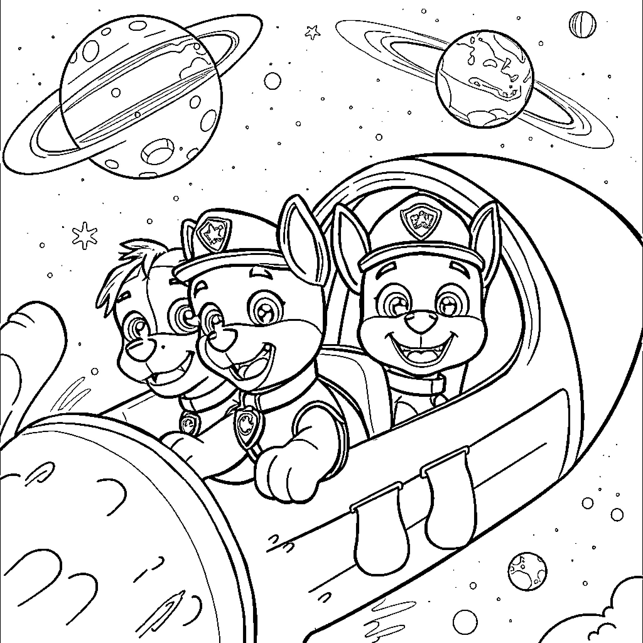 Paw Patrol pups riding a spaceship through outer space Coloring Page (free black-and-white line drawing printable PDF for all, from beginners to advanced learners, including children, teens, adults, and seniors)