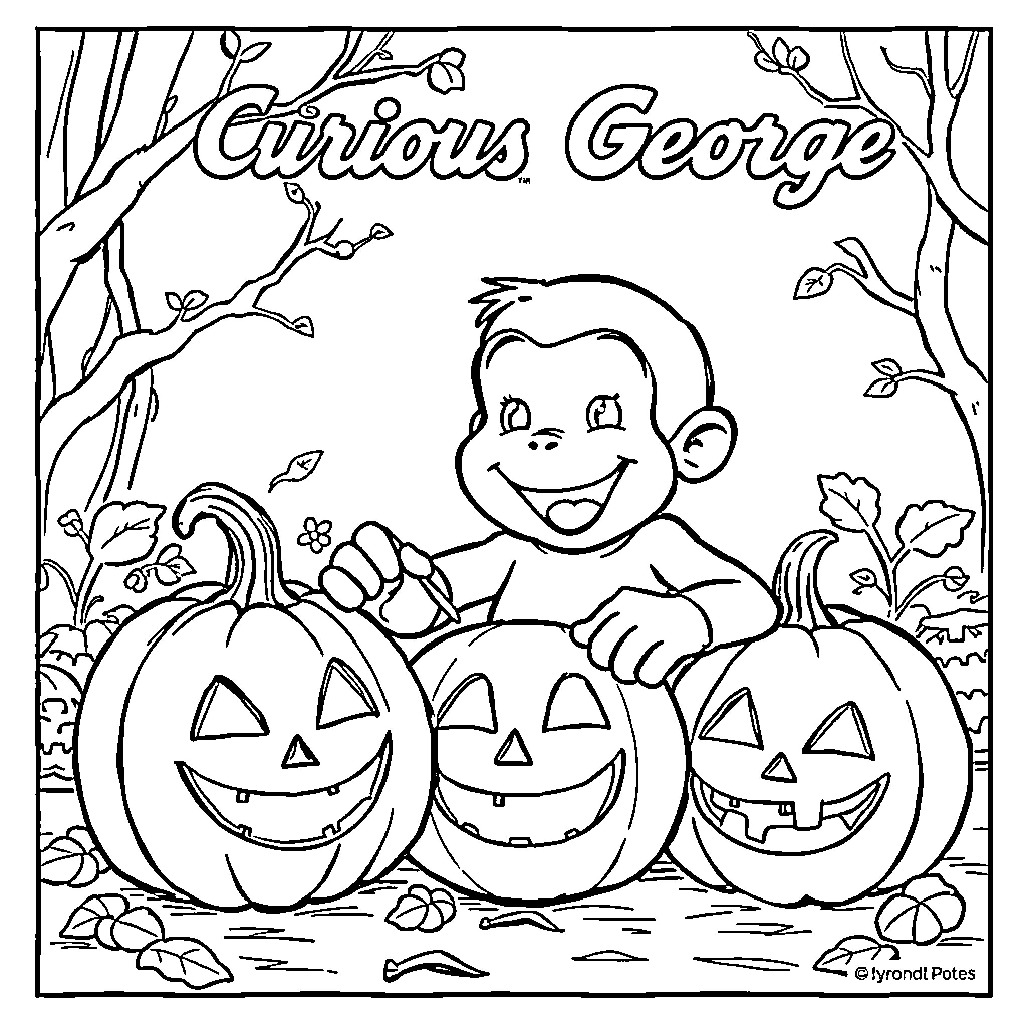 Curious George plays with pumpkins in the forest Coloring Page (free black-and-white line drawing printable PDF for all, from beginners to advanced learners, including children, teens, adults, and seniors)