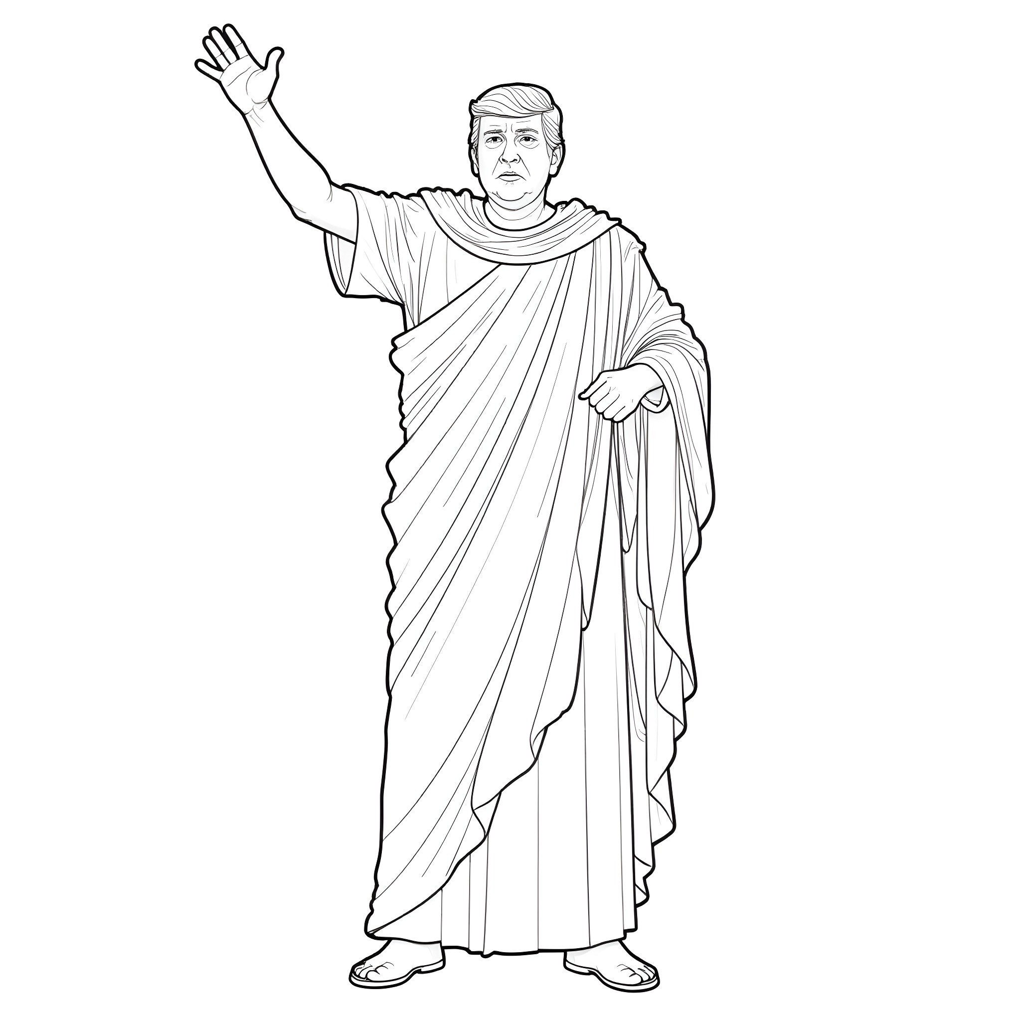 Donald Trump in Roman Toga Gesture Coloring Page (free black-and-white line drawing printable PDF for all, from beginners to advanced learners, including children, teens, adults, and seniors)
