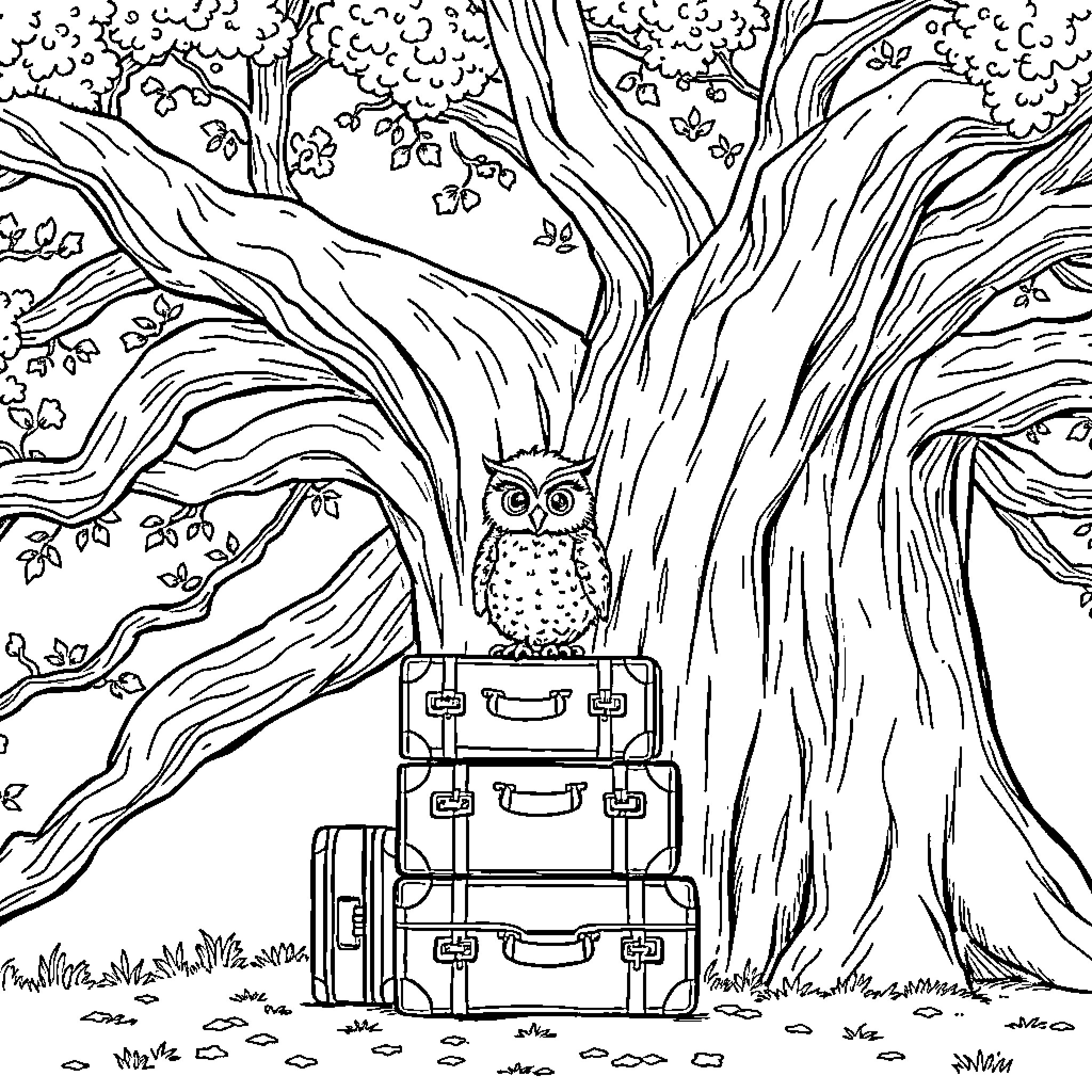 Owl sitting on a stack of suitcases in the forest Coloring Page (free black-and-white line drawing printable PDF for all, from beginners to advanced learners, including children, teens, adults, and seniors)