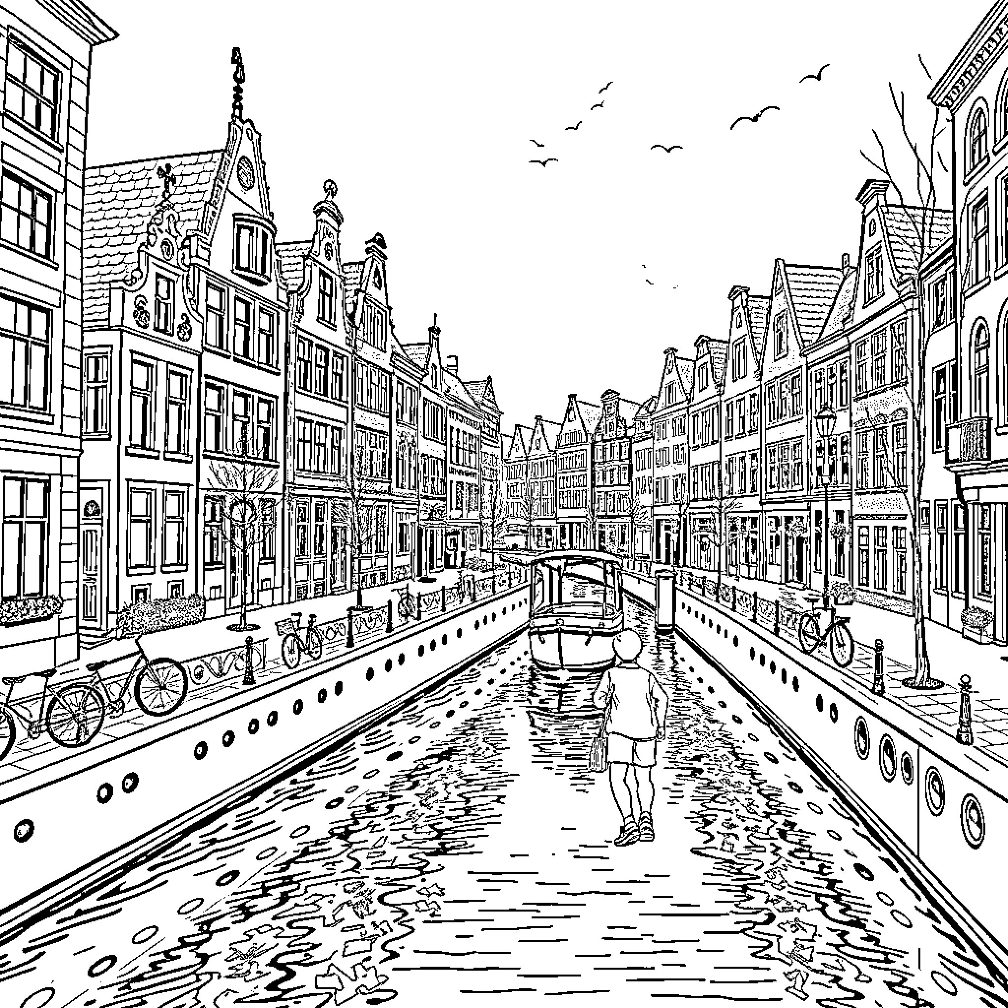 Romario's Stroll through the Charming Canal City Coloring Page (free black-and-white line drawing printable PDF for all, from beginners to advanced learners, including children, teens, adults, and seniors)