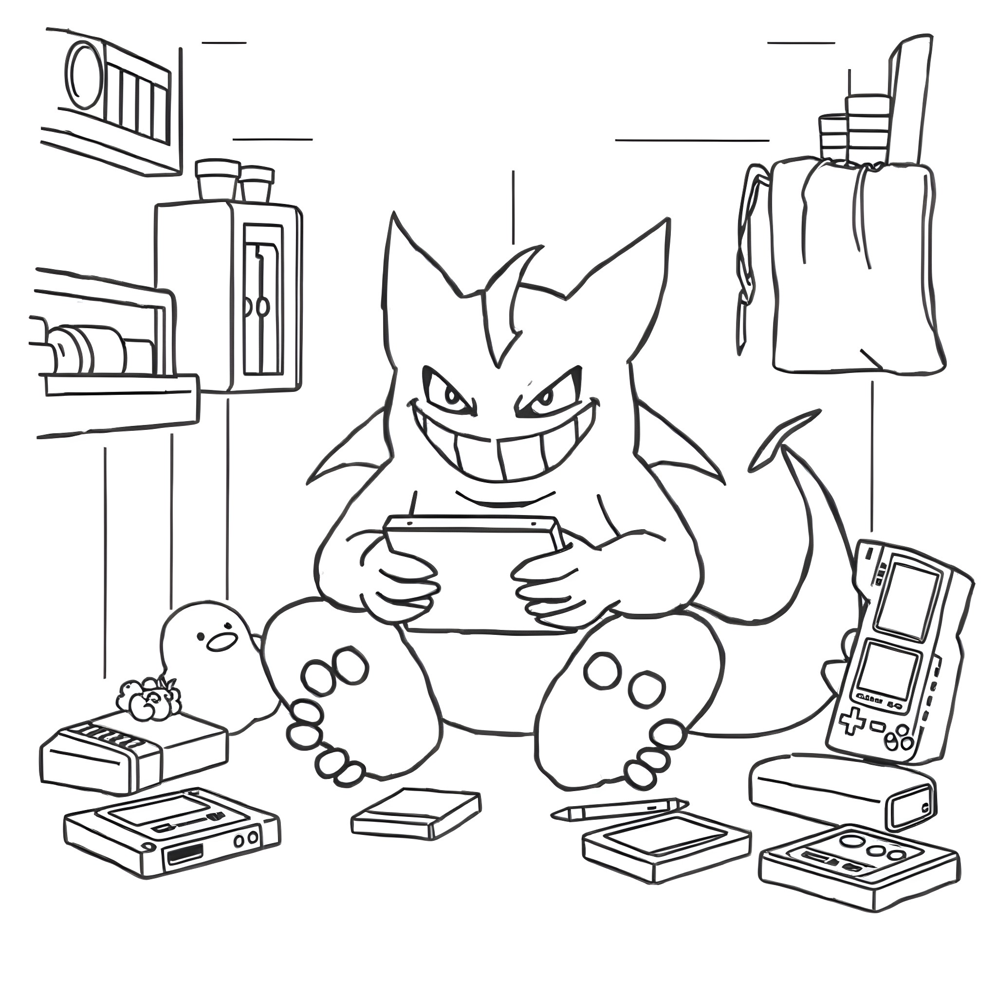 Gengar playing with video game consoles and controllers Coloring Page (free black-and-white line drawing printable PDF for all, from beginners to advanced learners, including children, teens, adults, and seniors)
