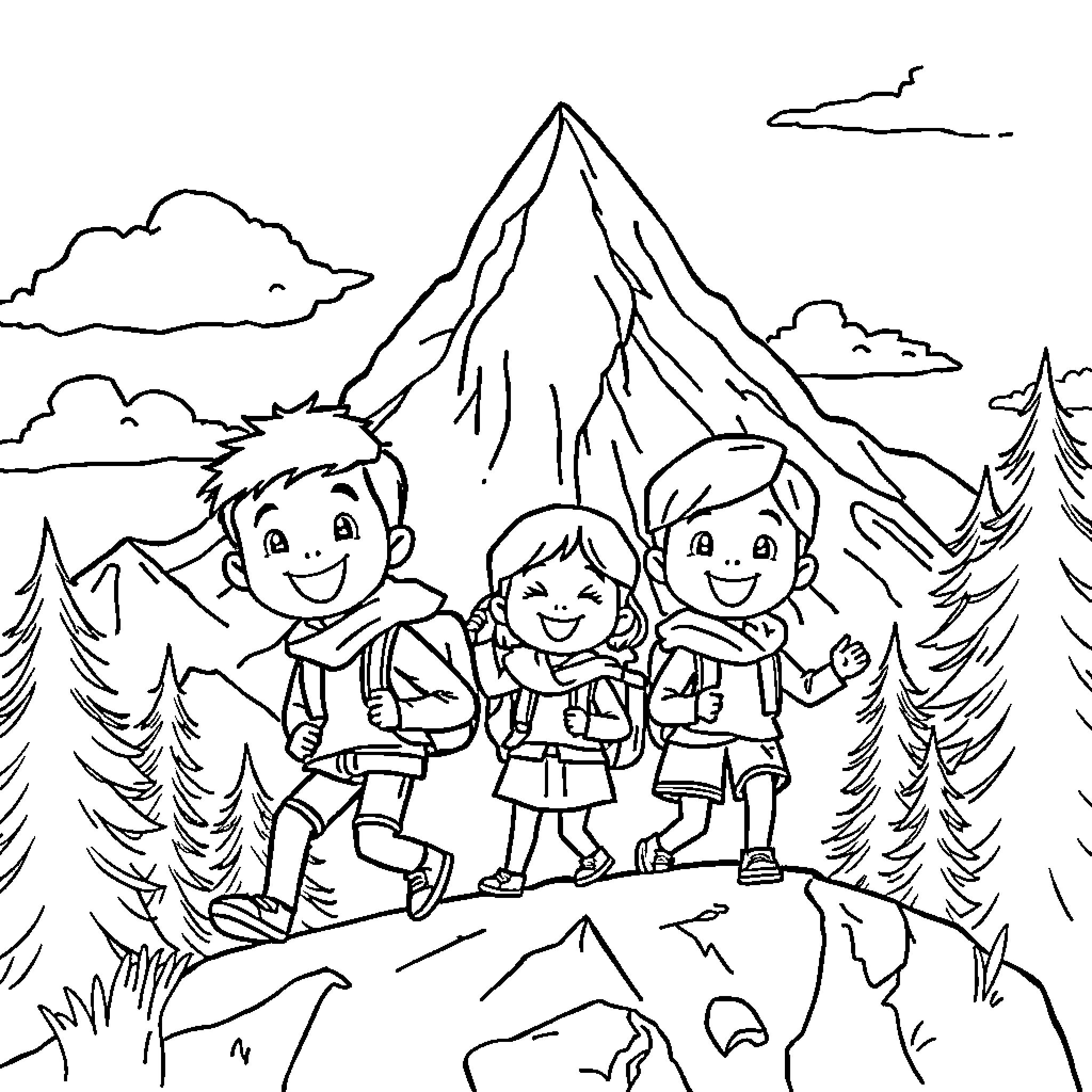 Kid Hikers Exploring Mountain Scenery Coloring Page (free black-and-white line drawing printable PDF for all, from beginners to advanced learners, including children, teens, adults, and seniors)