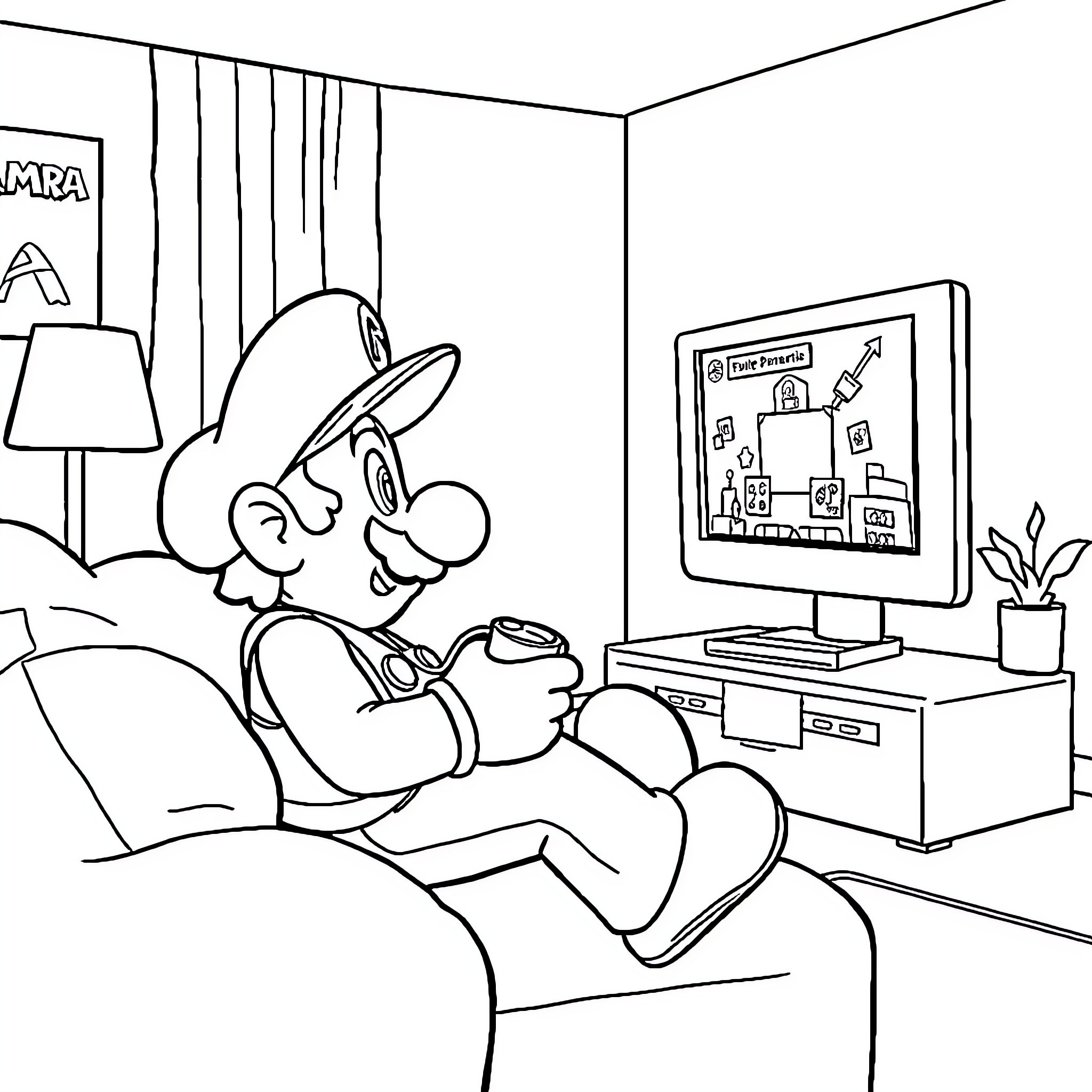 Mario relaxing and playing video games at home Coloring Page (free black-and-white line drawing printable PDF for all, from beginners to advanced learners, including children, teens, adults, and seniors)