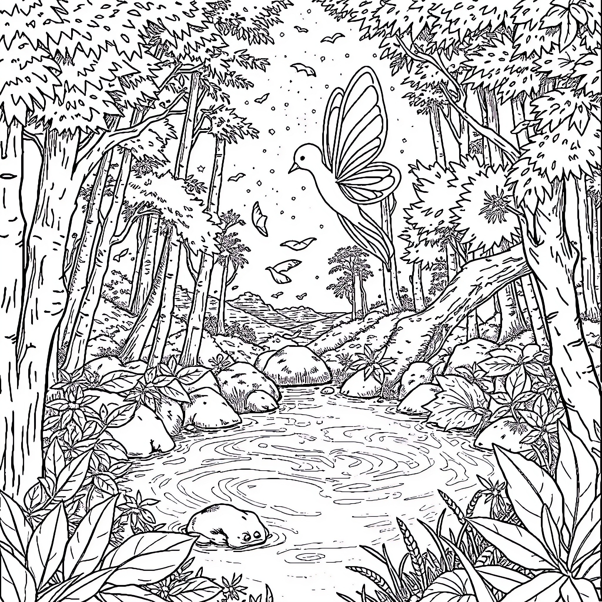 Feen Fluttering Through Enchanting Forest Coloring Page (free black-and-white line drawing printable PDF for all, from beginners to advanced learners, including children, teens, adults, and seniors)