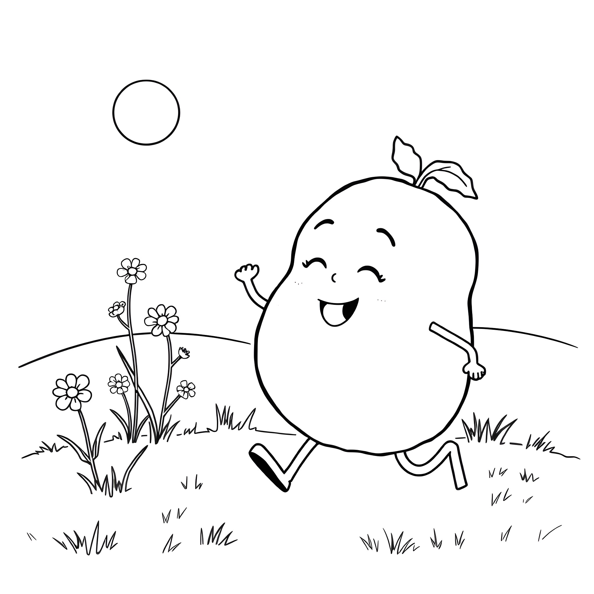 Potato character happily running in nature Coloring Page (free black-and-white line drawing printable PDF for all, from beginners to advanced learners, including children, teens, adults, and seniors)