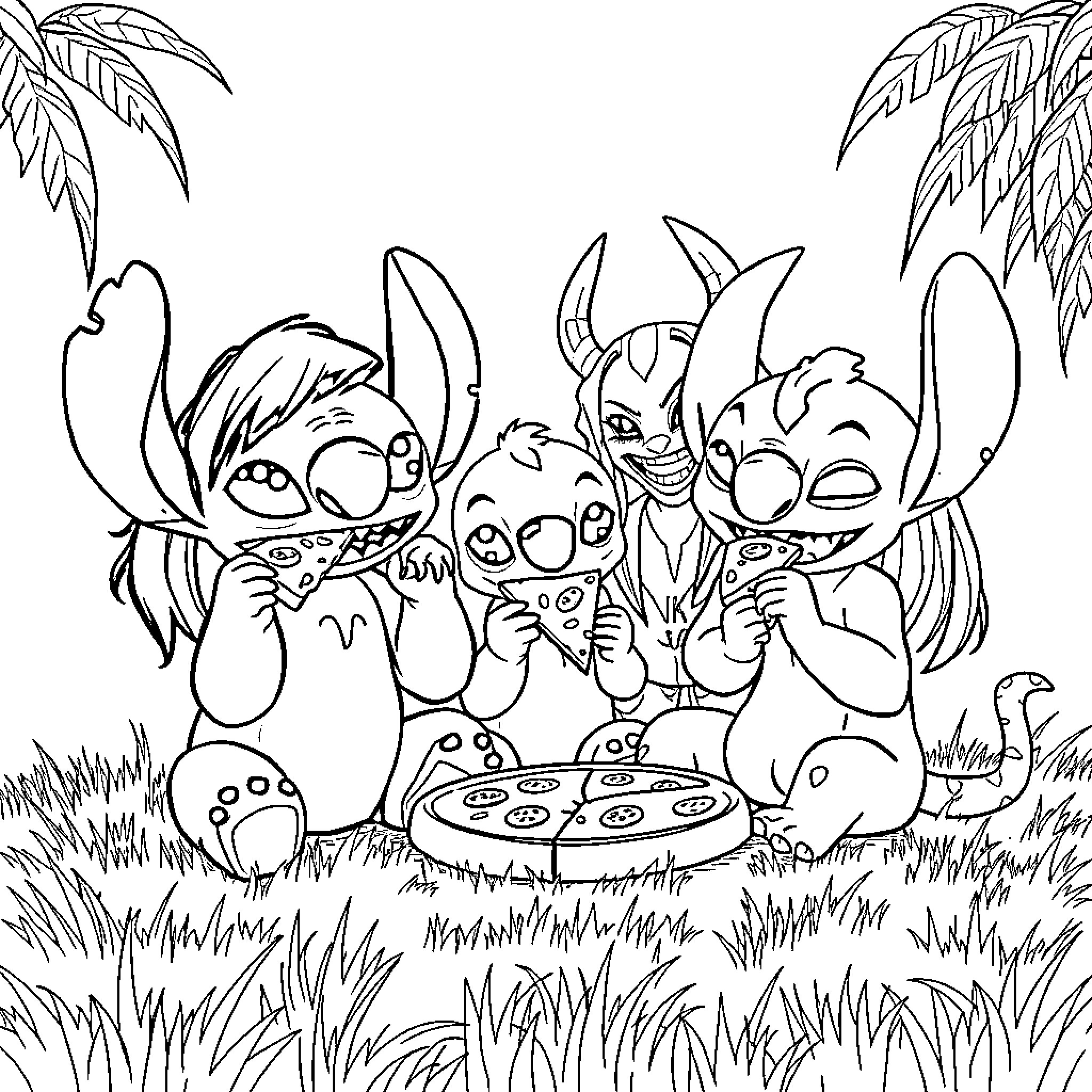 Lilo and her alien friends enjoying a picnic Coloring Page (free black-and-white line drawing printable PDF for all, from beginners to advanced learners, including children, teens, adults, and seniors)
