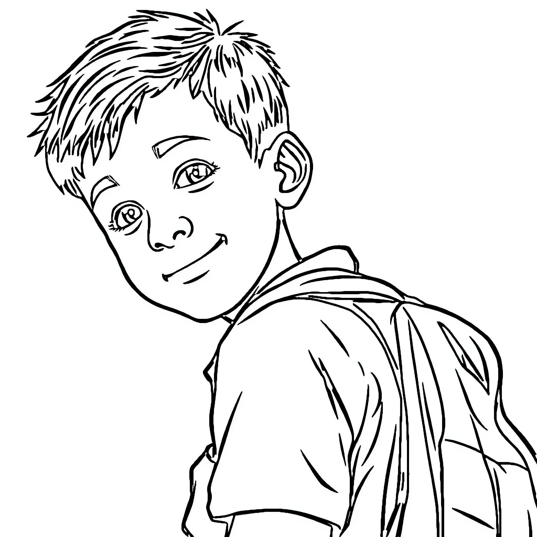 Boy smiling and looking cheerful Coloring Page (free black-and-white line drawing printable PDF for all, from beginners to advanced learners, including children, teens, adults, and seniors)