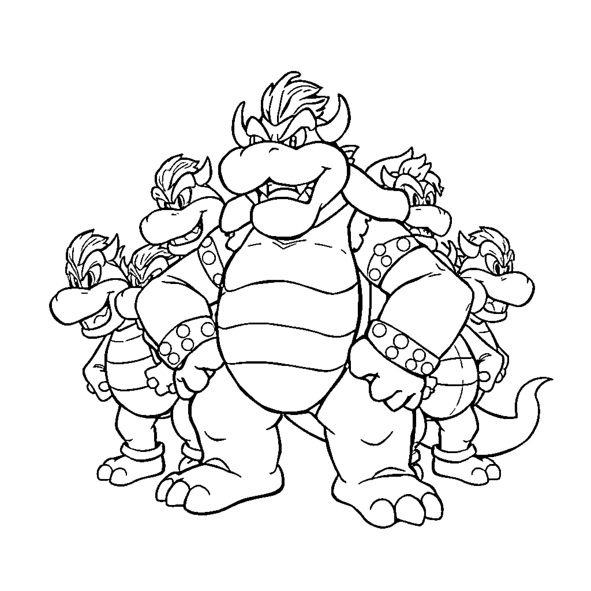Bowser and his minions in a mischievous pose Coloring Page (free black-and-white line drawing printable PDF for all, from beginners to advanced learners, including children, teens, adults, and seniors)