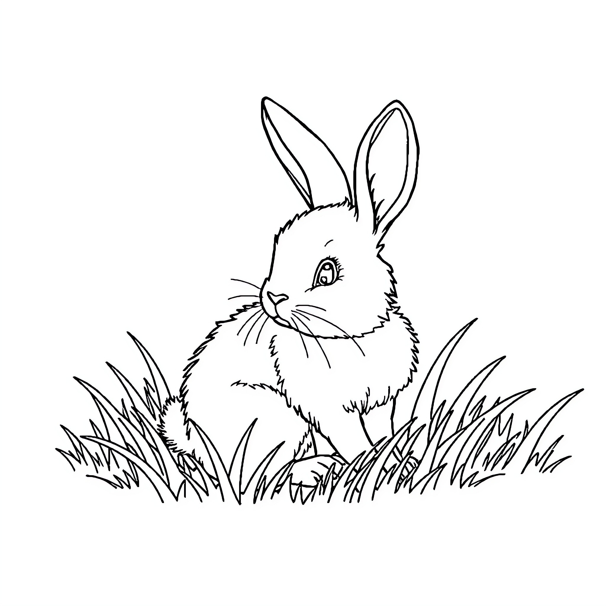 Bunny sitting in the grass Coloring Page (free black-and-white line drawing printable PDF for all, from beginners to advanced learners, including children, teens, adults, and seniors)