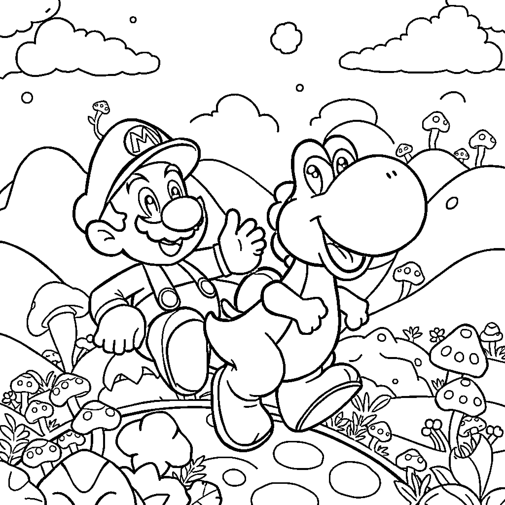 Super Mario and Yoshi in Mushroom Kingdom Adventure Coloring Page (free black-and-white line drawing printable PDF for all, from beginners to advanced learners, including children, teens, adults, and seniors)
