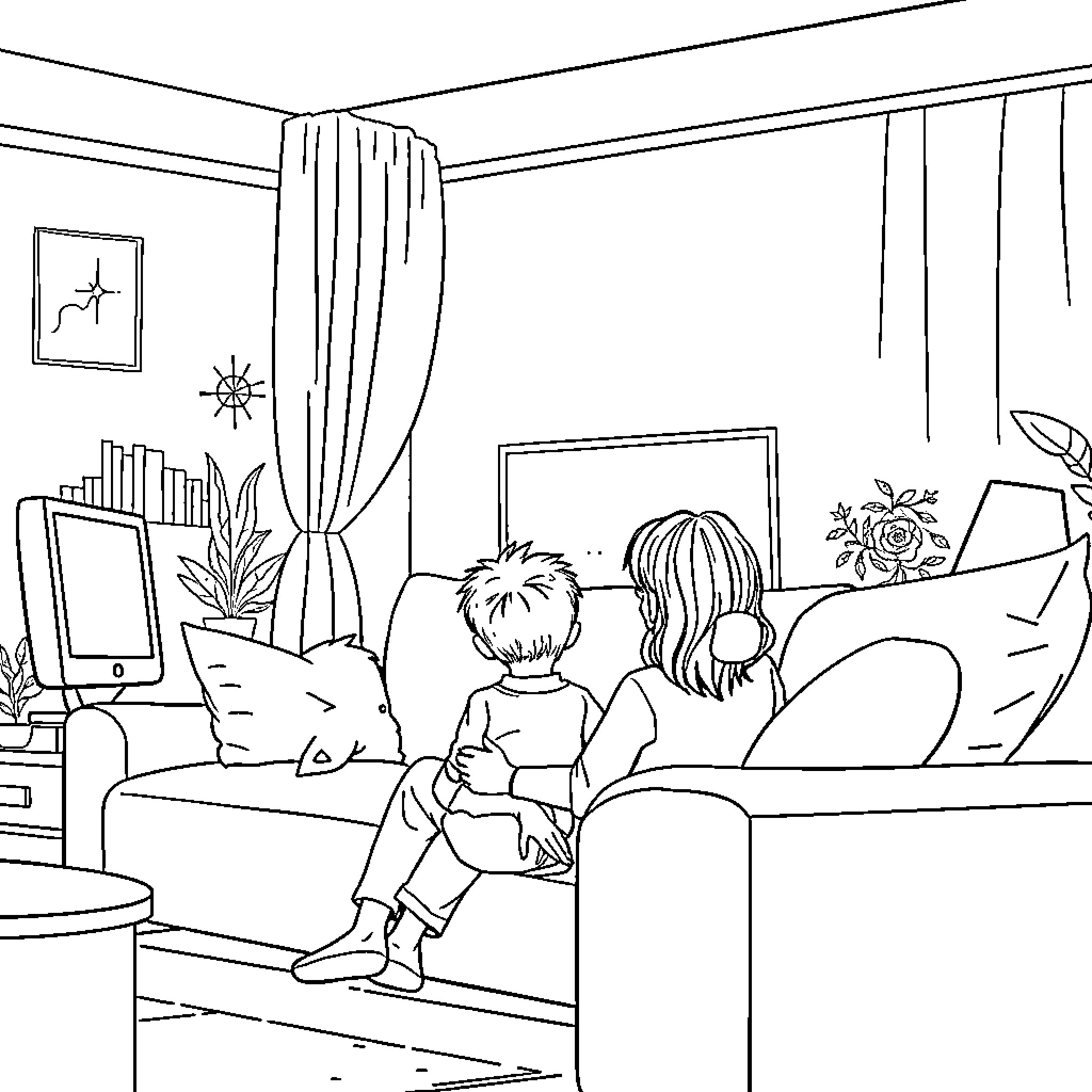 Family enjoying quality time at home Coloring Page (free black-and-white line drawing printable PDF for all, from beginners to advanced learners, including children, teens, adults, and seniors)