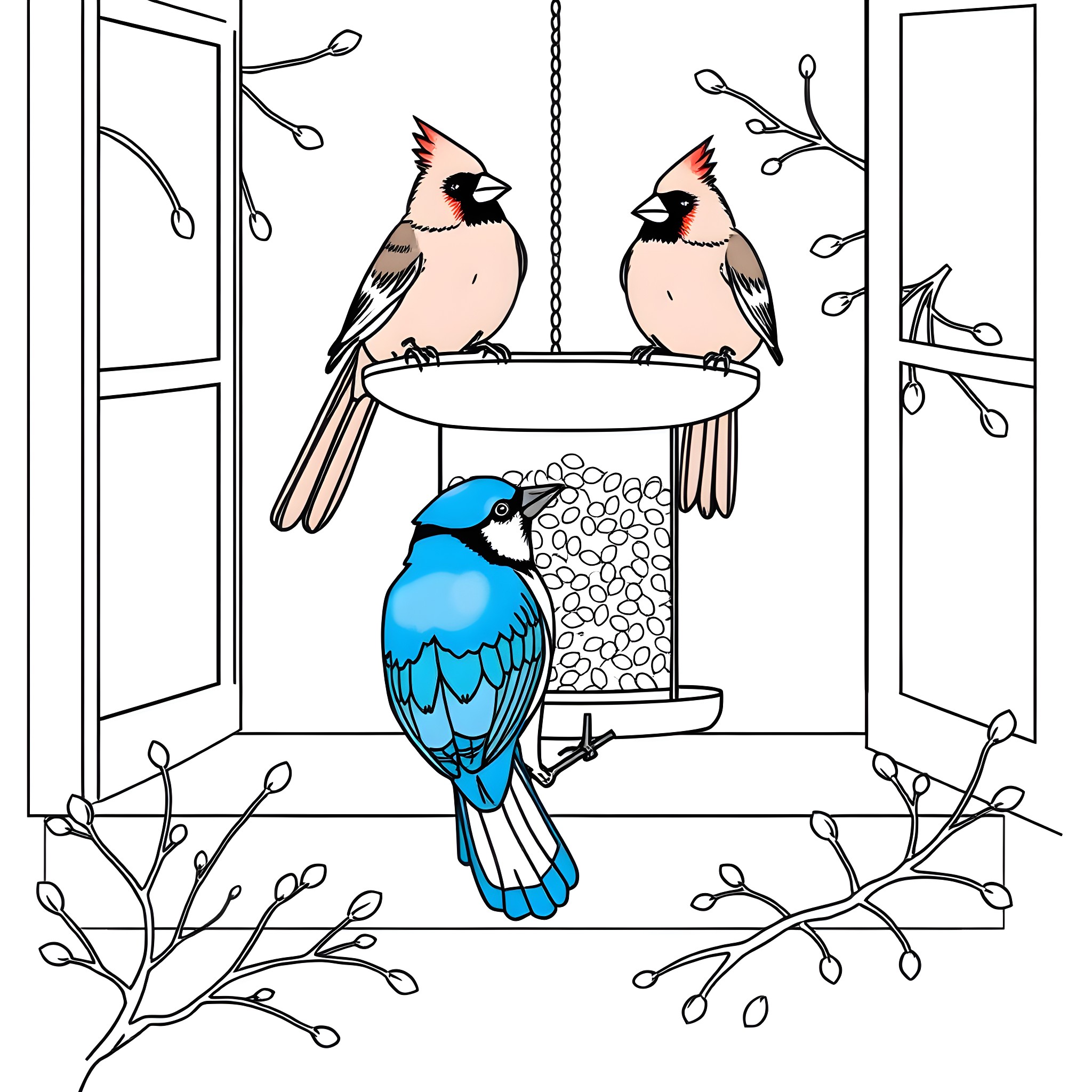 Birds enjoying a bird bath in the window Coloring Page (free black-and-white line drawing printable PDF for all, from beginners to advanced learners, including children, teens, adults, and seniors)