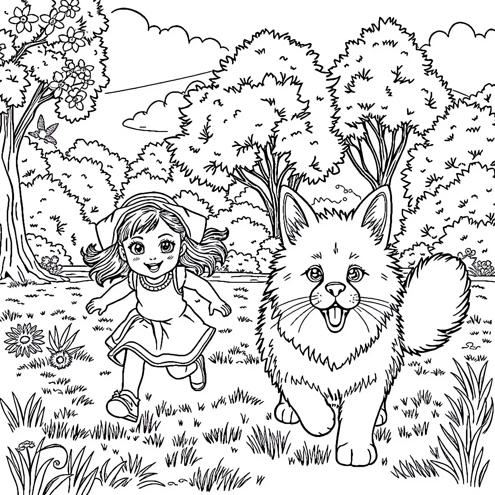 Girl playing joyfully with friendly forest animal Coloring Page (free black-and-white line drawing printable PDF for all, from beginners to advanced learners, including children, teens, adults, and seniors)