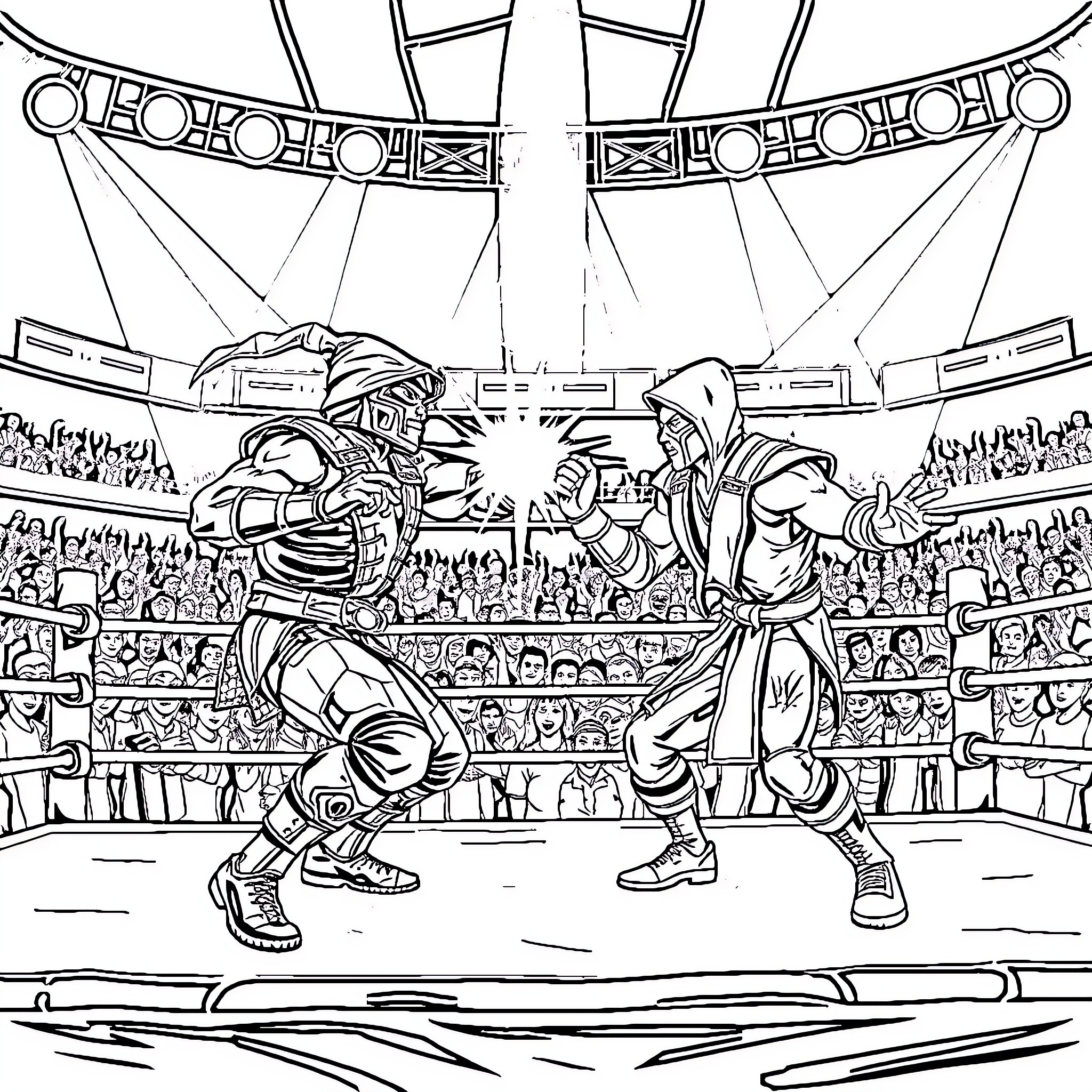 Mortal Kombat Fighters Clash in Epic Battle Arena Coloring Page (free black-and-white line drawing printable PDF for all, from beginners to advanced learners, including children, teens, adults, and seniors)