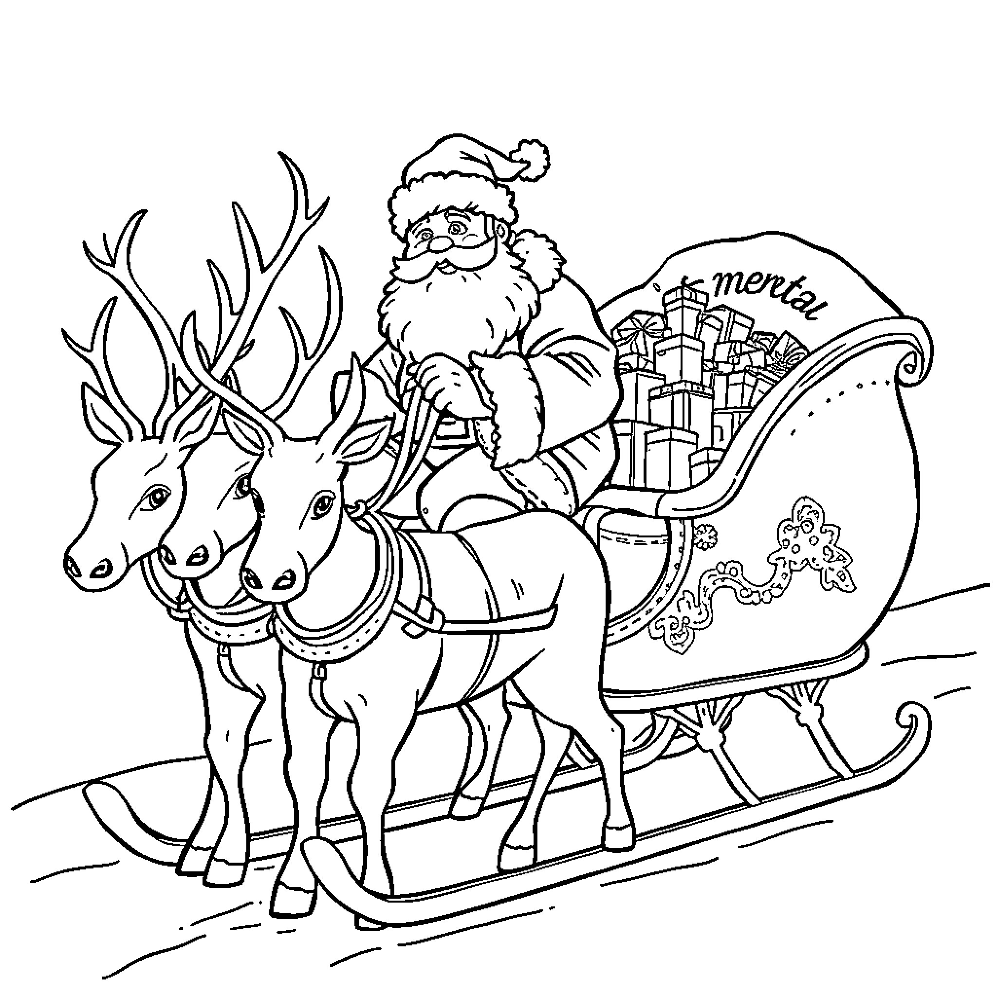 Santa's sleigh ride with reindeer on snowy night Coloring Page (free black-and-white line drawing printable PDF for all, from beginners to advanced learners, including children, teens, adults, and seniors)