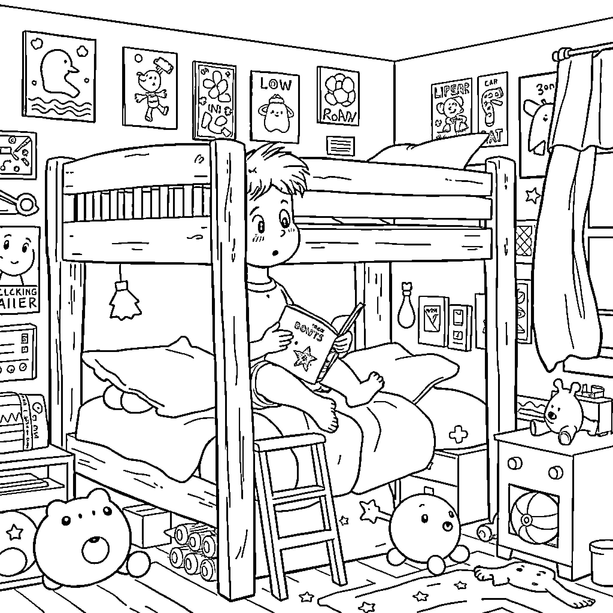 Boy reading book in cozy bedroom Coloring Page (free black-and-white line drawing printable PDF for all, from beginners to advanced learners, including children, teens, adults, and seniors)