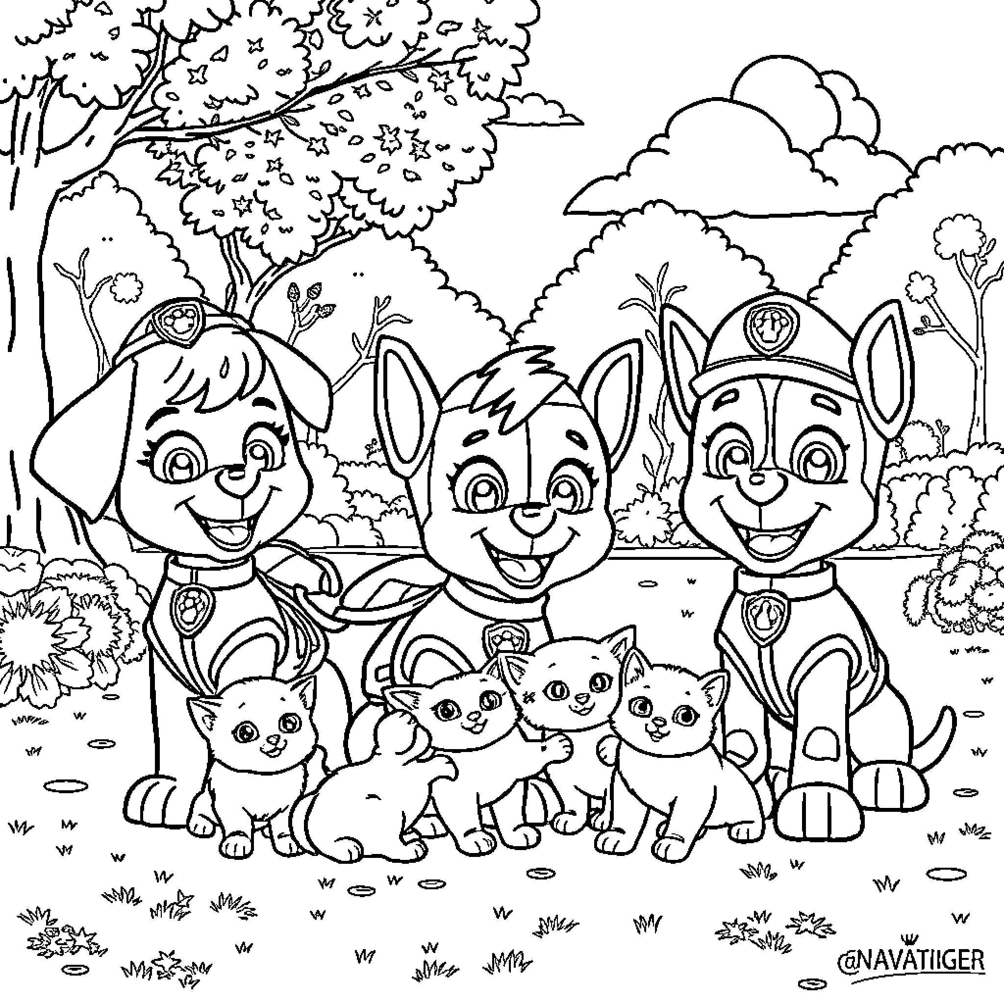 Paw Patrol characters exploring the outdoors Coloring Page (free black-and-white line drawing printable PDF for all, from beginners to advanced learners, including children, teens, adults, and seniors)