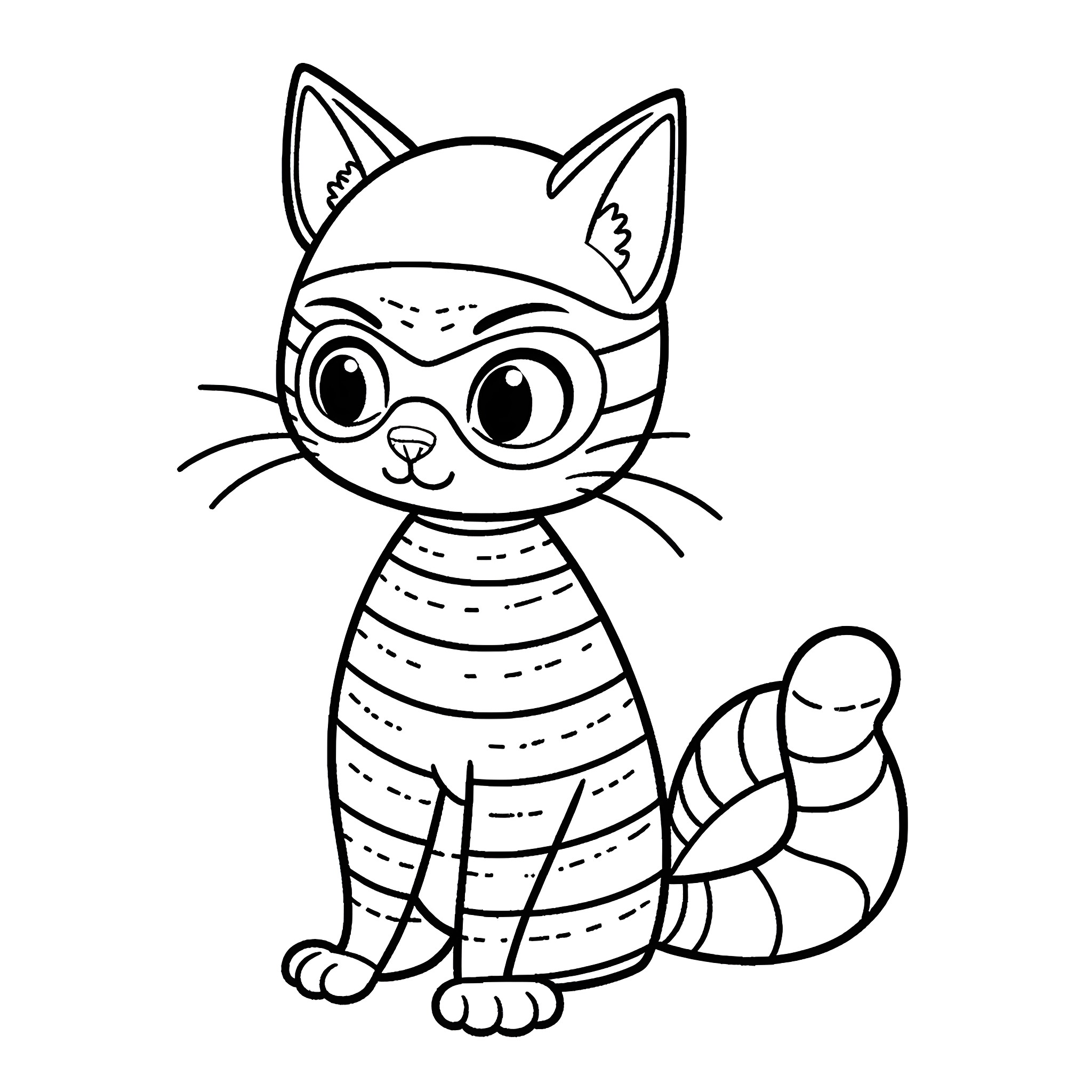 Cat in striped outfit looking curious Coloring Page (free black-and-white line drawing printable PDF for all, from beginners to advanced learners, including children, teens, adults, and seniors)