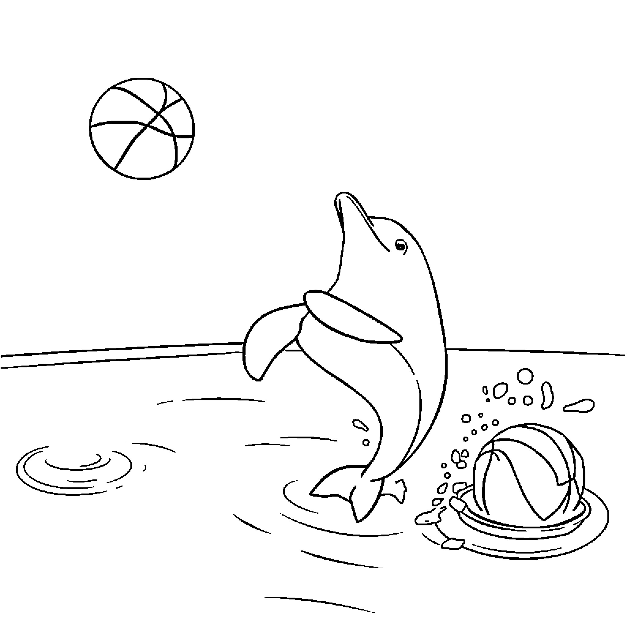 Dolphin playing with ball in water Coloring Page (free black-and-white line drawing printable PDF for all, from beginners to advanced learners, including children, teens, adults, and seniors)